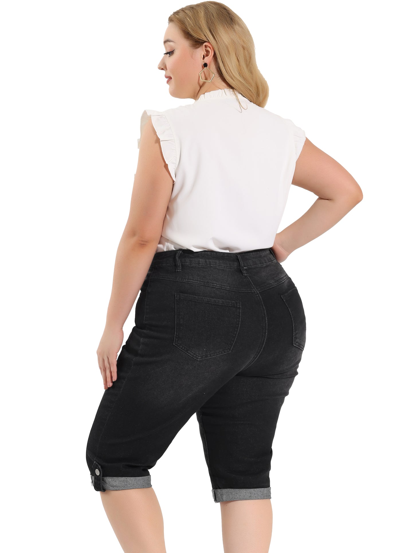 Women's Plus Size Capri Denim Jeans Mid-Rise Fit Curvy Stretch Skinny Jean Capris with Pocket