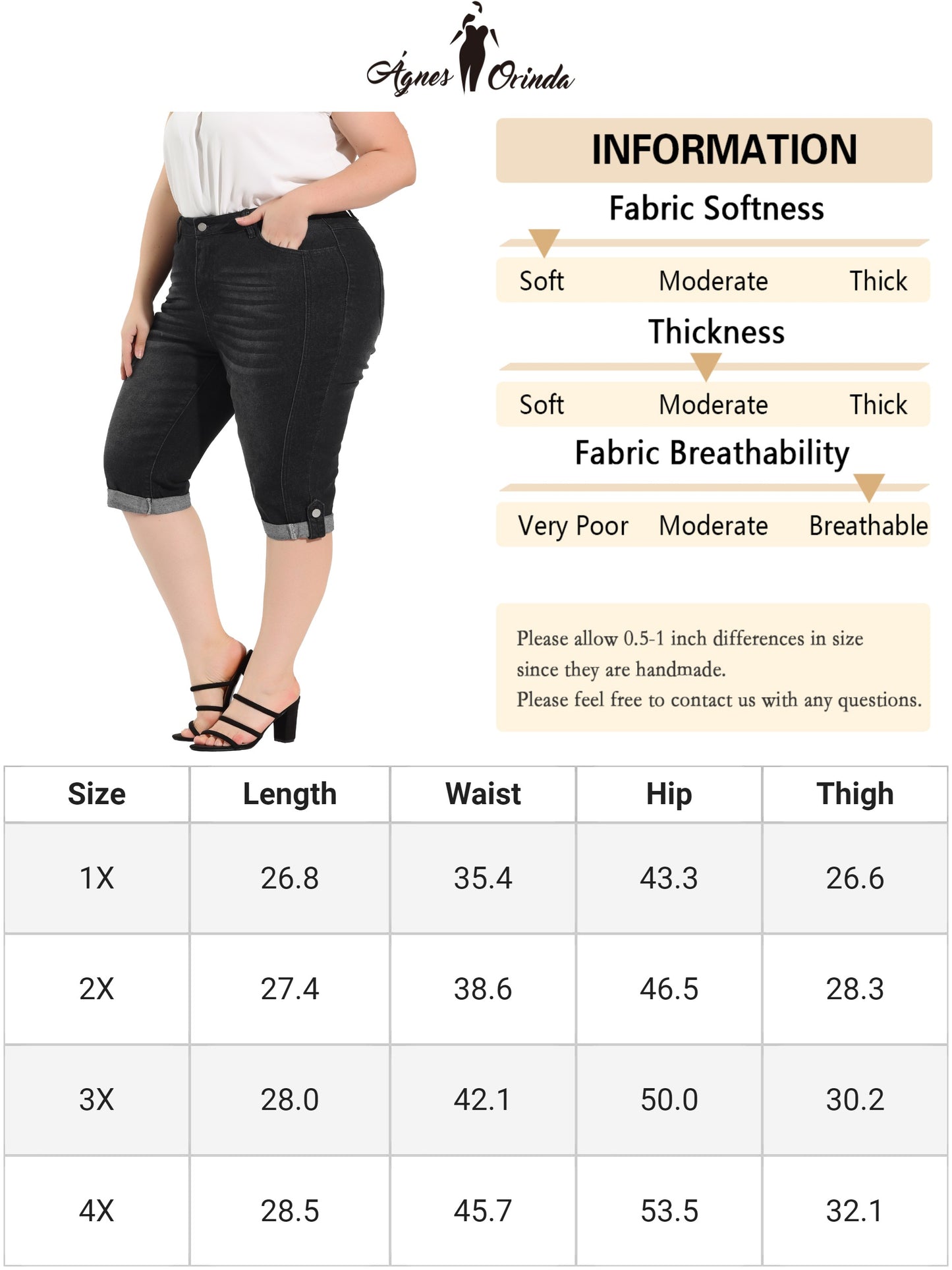 Women's Plus Size Capri Denim Jeans Mid-Rise Fit Curvy Stretch Skinny Jean Capris with Pocket