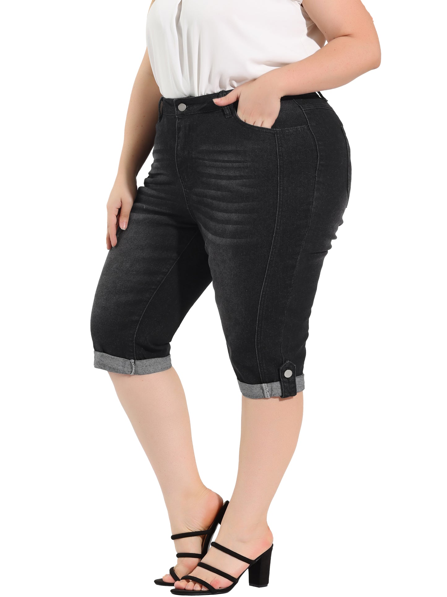 Women's Plus Size Capri Denim Jeans Mid-Rise Fit Curvy Stretch Skinny Jean Capris with Pocket