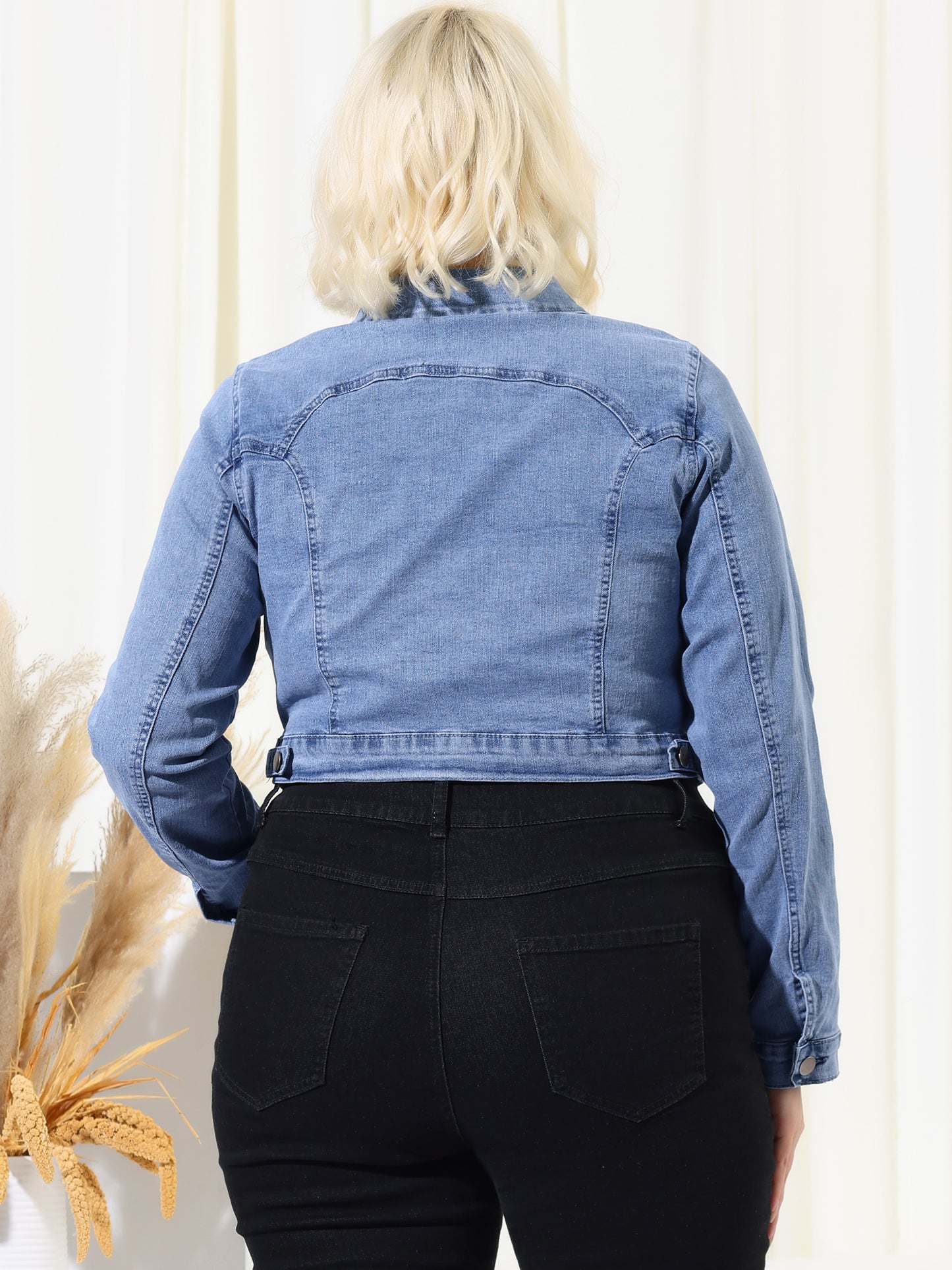 Women's Plus Size Button Closed Cropped Stitching Denim Jacket