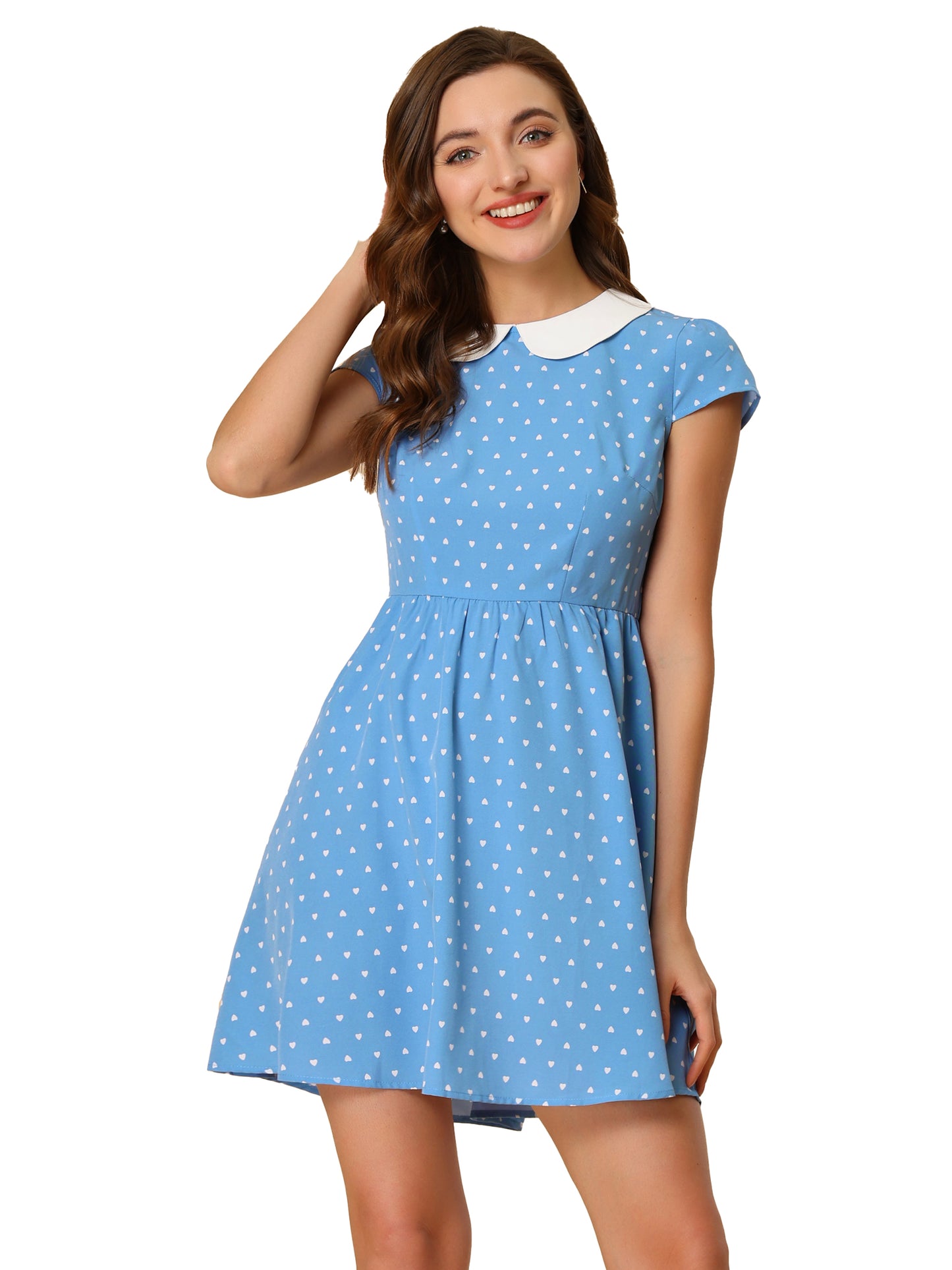 Women's Peter Pan Collar Short Sleeves Contrast A-Line Polka Dots Dress