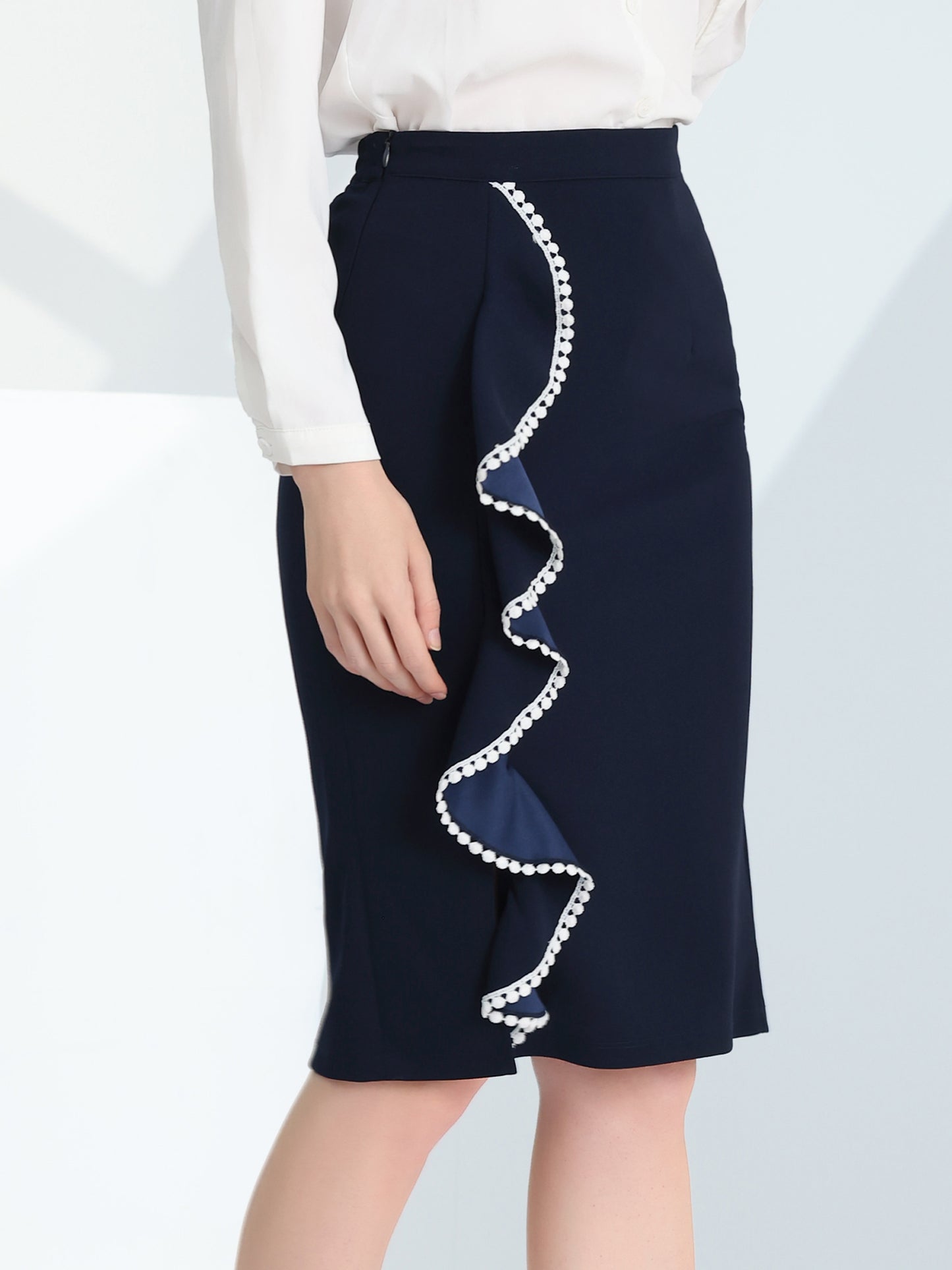 Falda tubo de cintura alta con volantes y abertura para oficina y trabajo para mujer