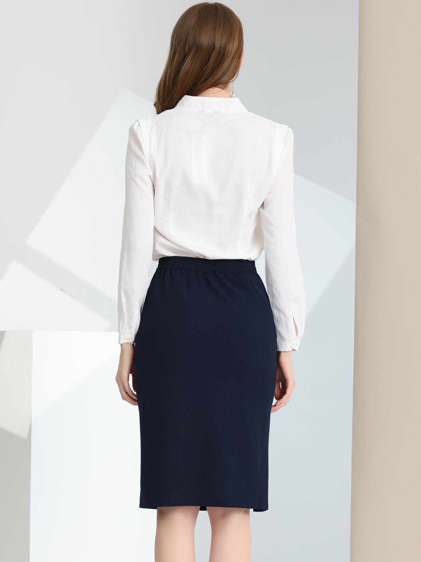 Falda tubo de cintura alta con volantes y abertura para oficina y trabajo para mujer