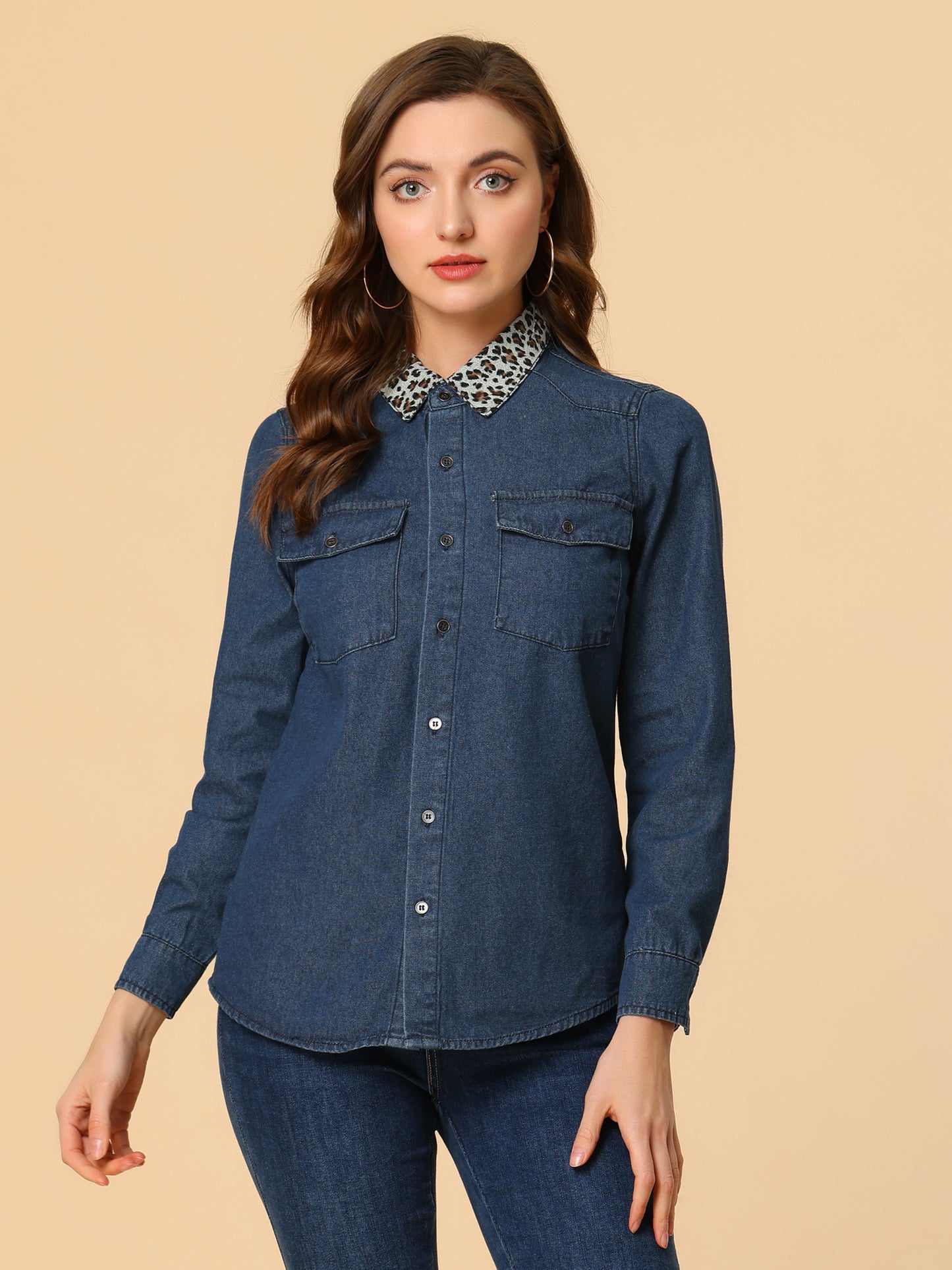 Women's Button Up Jean Shirt Long Sleeve Leopard Denim Shacket
