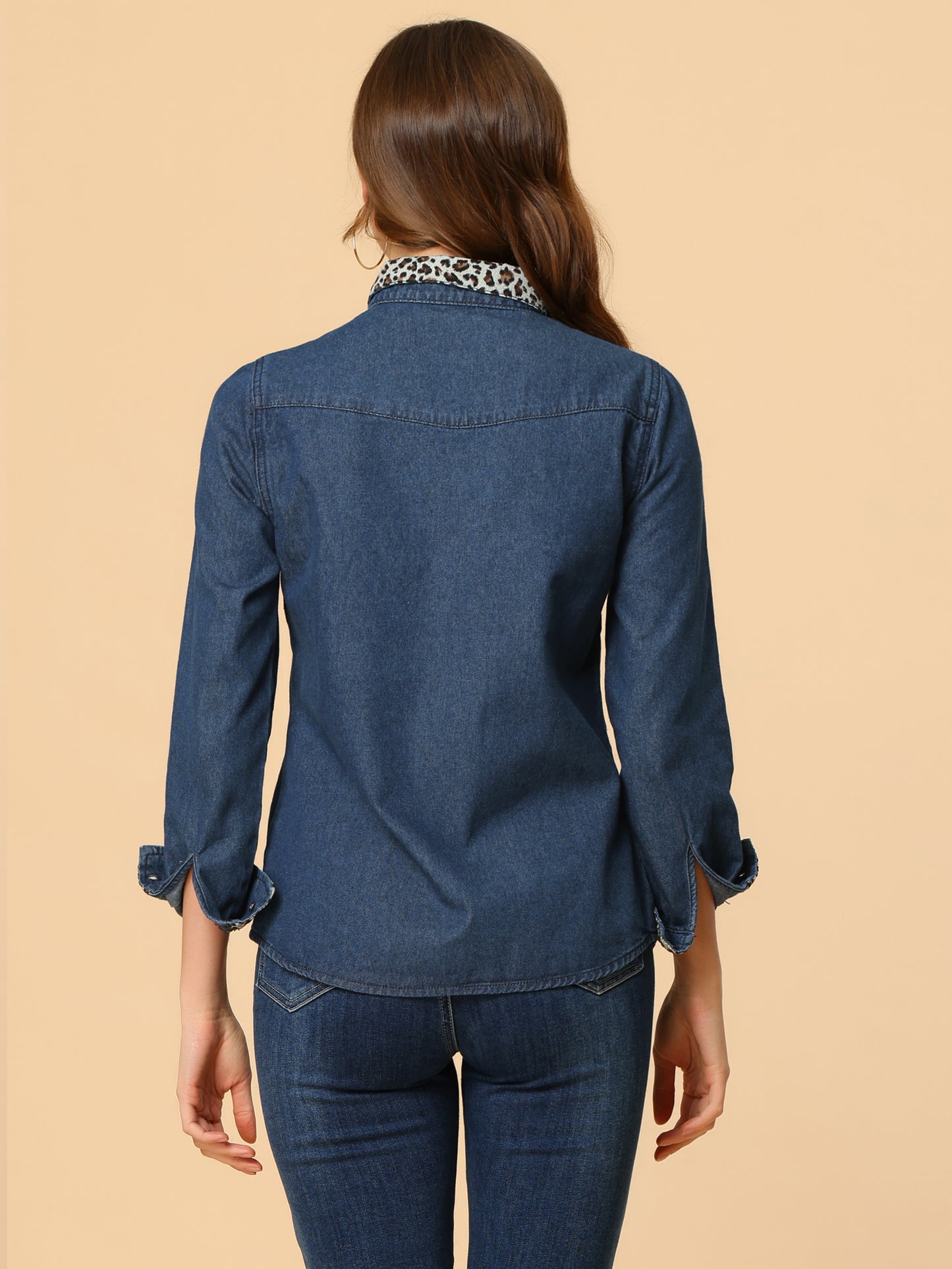 Women's Button Up Jean Shirt Long Sleeve Leopard Denim Shacket