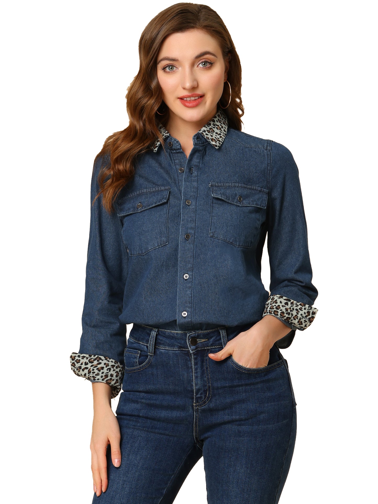 Women's Button Up Jean Shirt Long Sleeve Leopard Denim Shacket