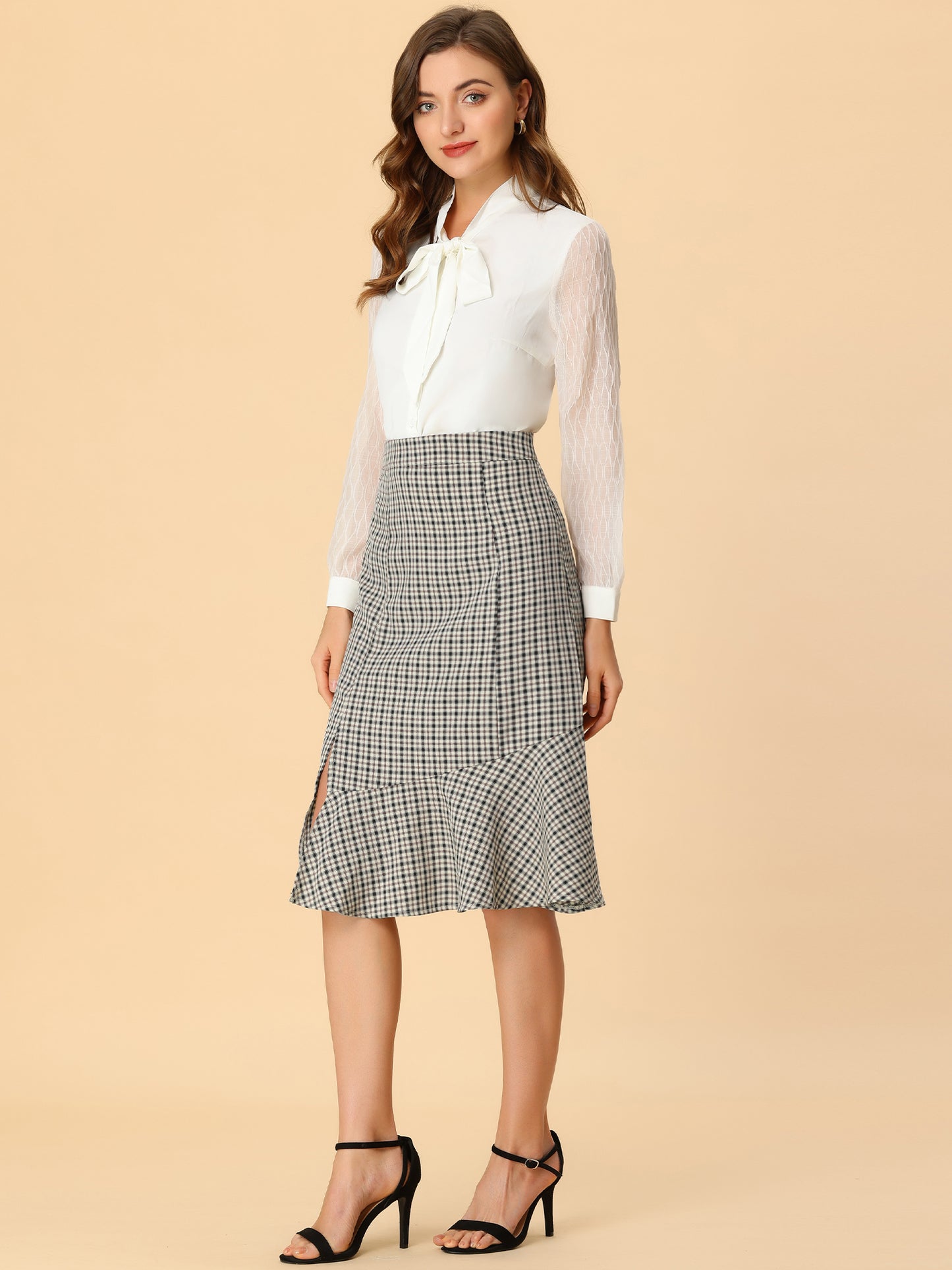 Women's Plaid Midi Skirt High Waist Split Ruffle Fishtail Skirt