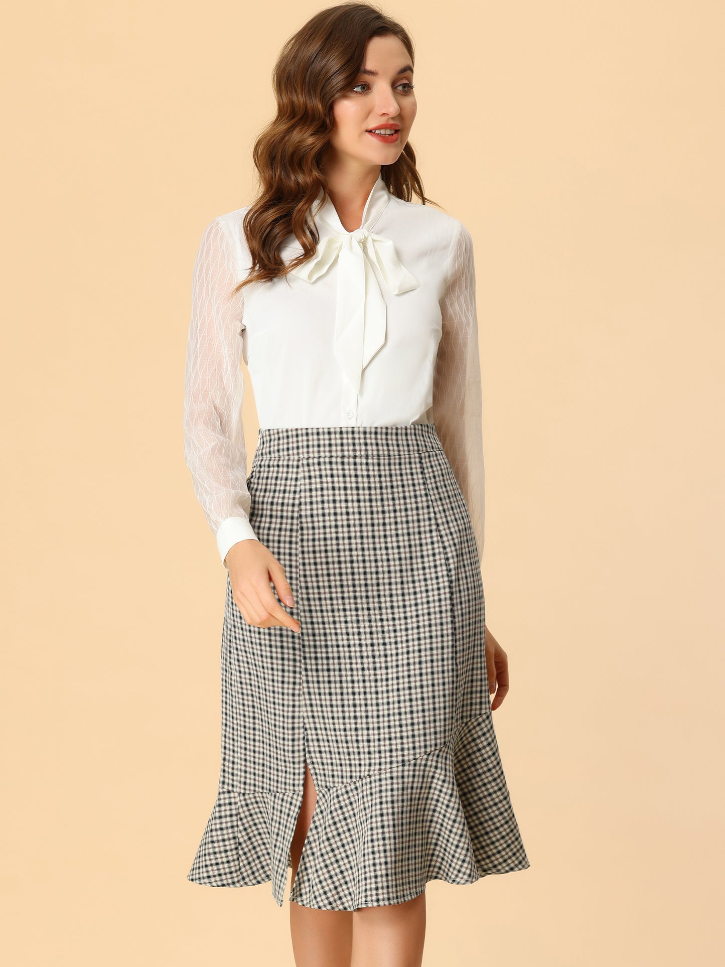 Women's Plaid Midi Skirt High Waist Split Ruffle Fishtail Skirt