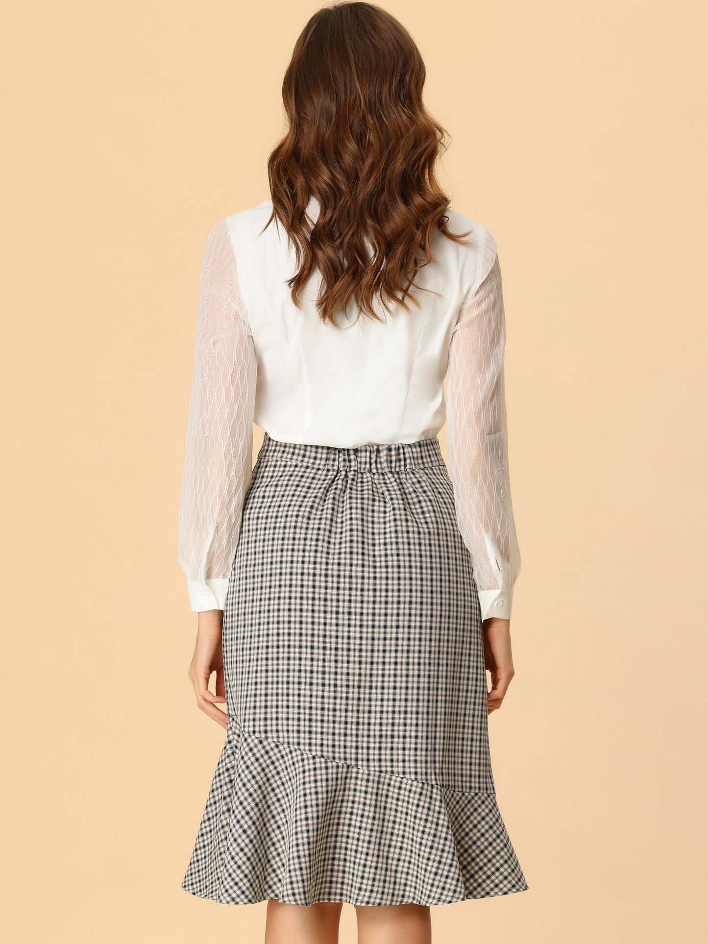 Women's Plaid Midi Skirt High Waist Split Ruffle Fishtail Skirt