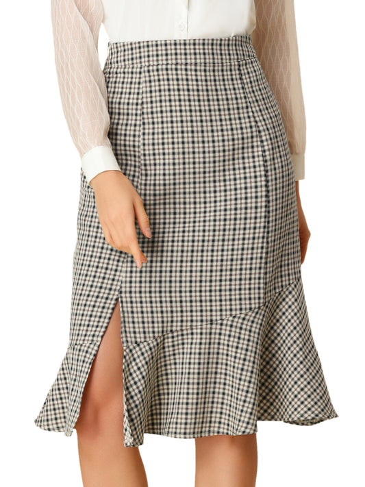 Women's Plaid Midi Skirt High Waist Split Ruffle Fishtail Skirt