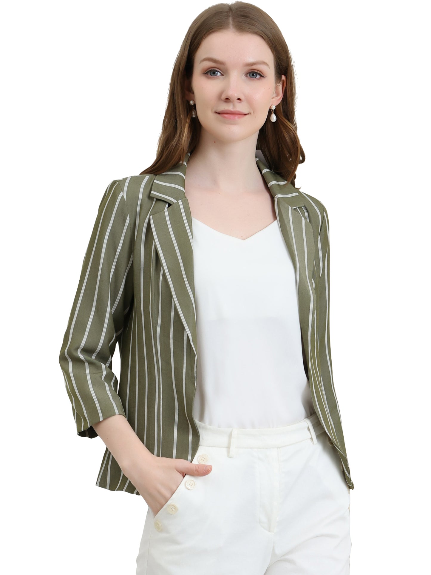Women's Striped Open Front 3/4 Sleeves Notched Lapel Business Casual Blazer (Available in Plus Size)