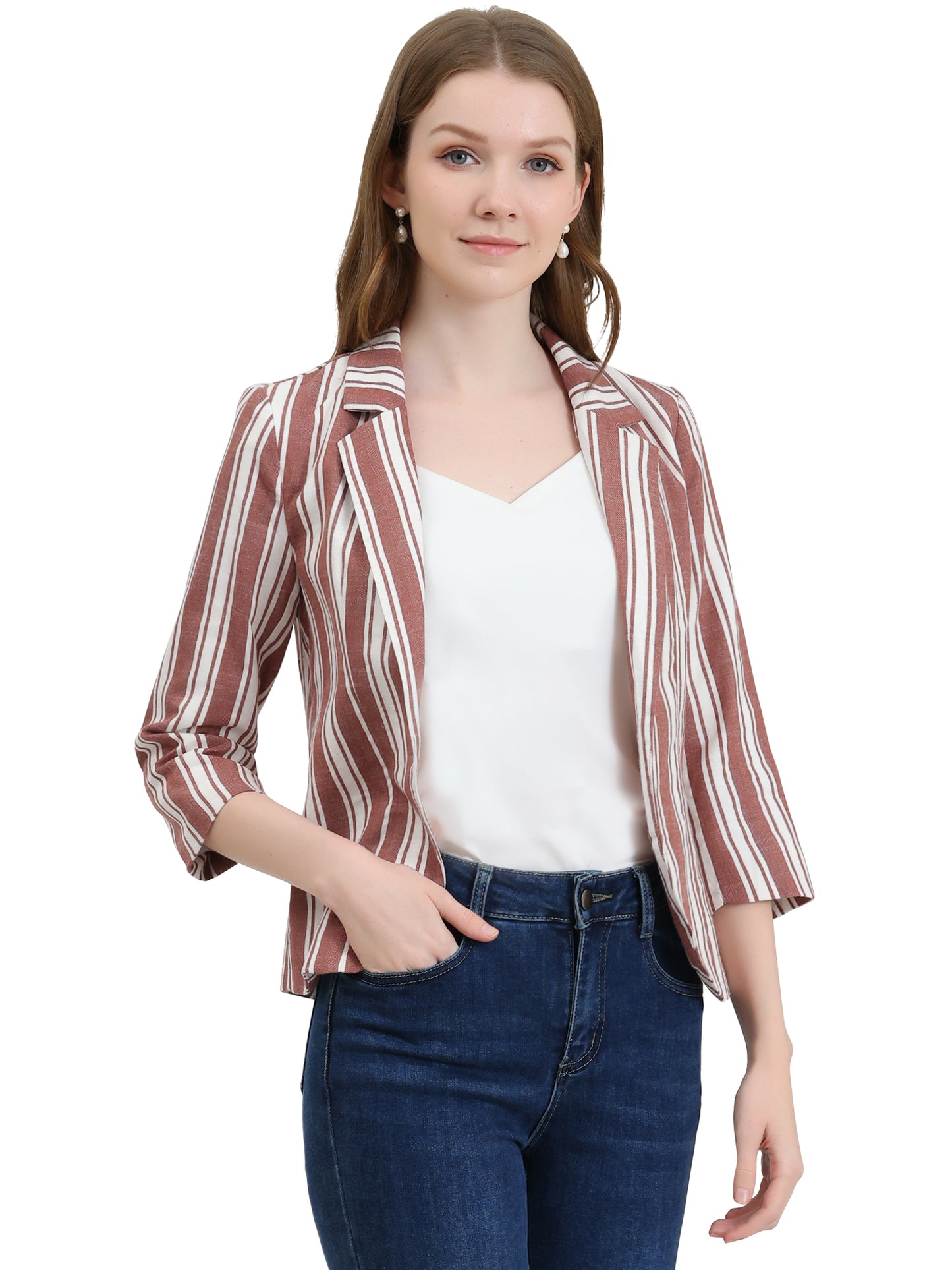 Women's Striped Open Front 3/4 Sleeves Notched Lapel Business Casual Blazer (Available in Plus Size)