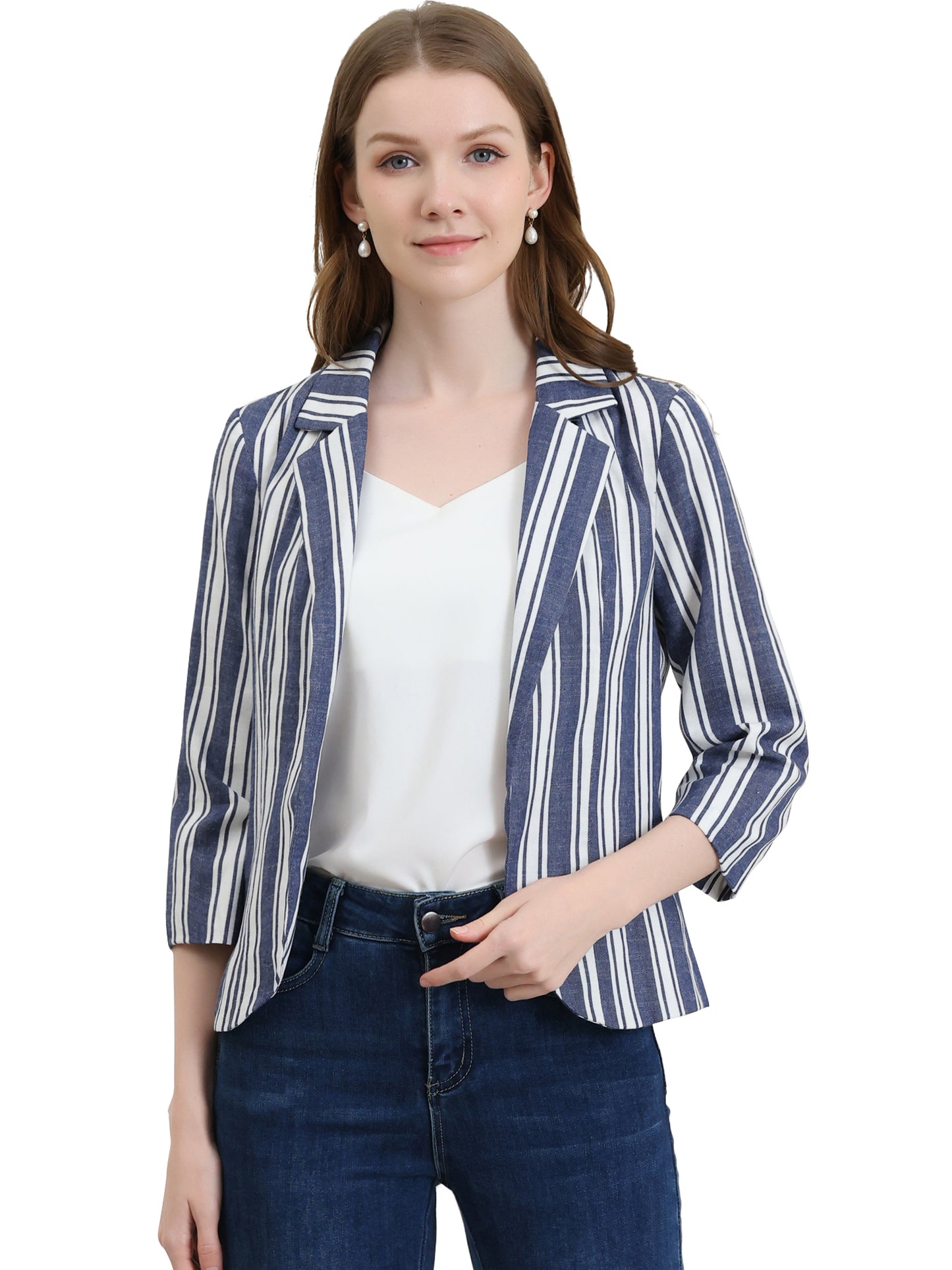 Women's Striped Open Front 3/4 Sleeves Notched Lapel Business Casual Blazer (Available in Plus Size)