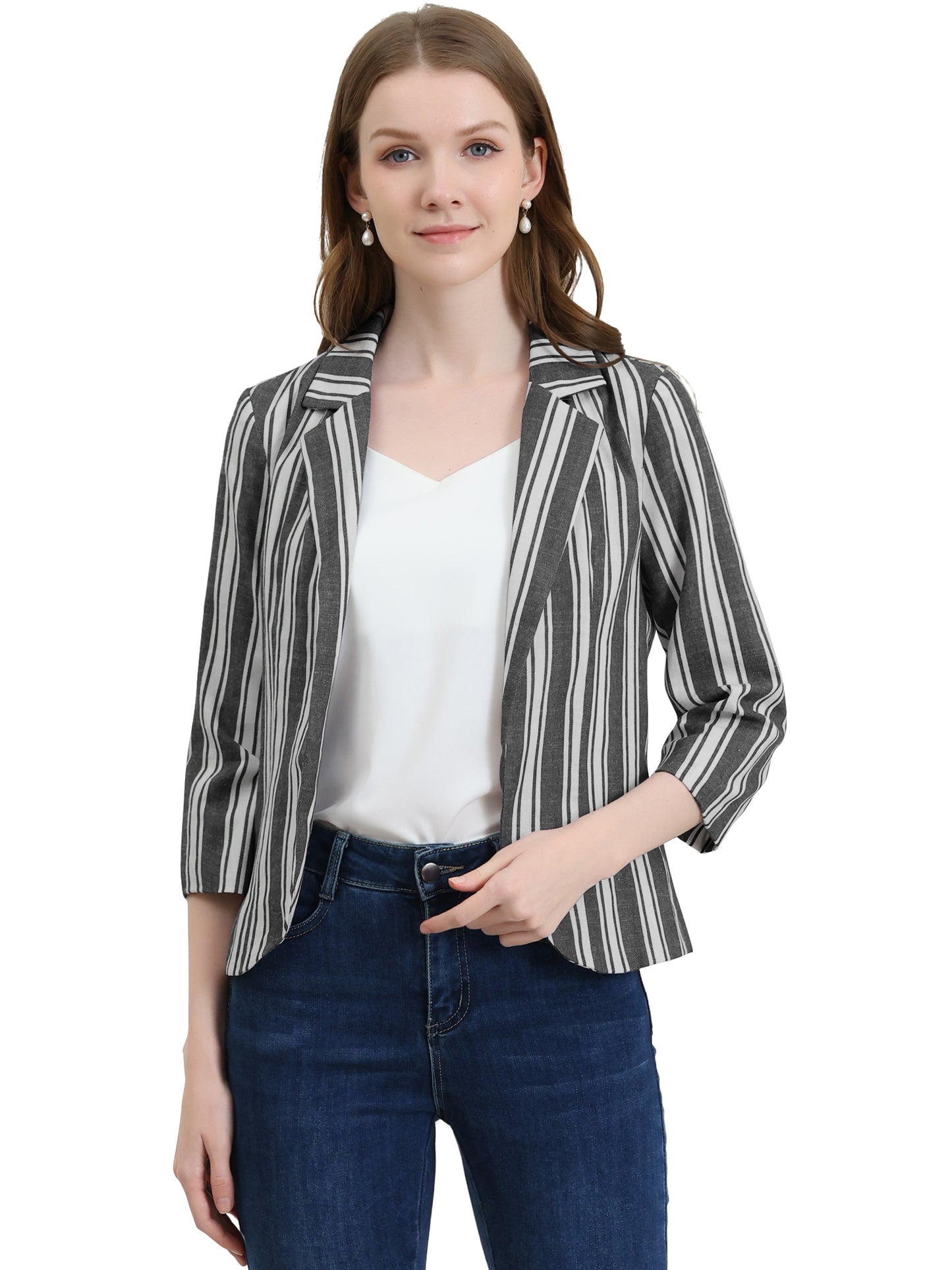 Women's Striped Open Front 3/4 Sleeves Notched Lapel Business Casual Blazer (Available in Plus Size)
