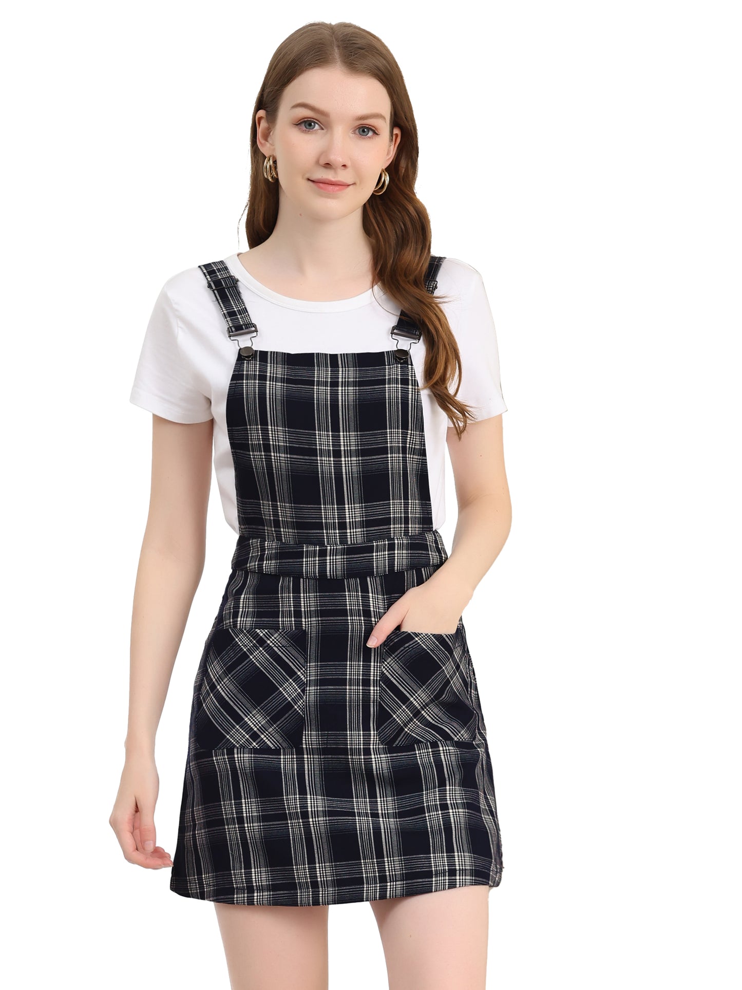 Women's Adjustable Strap Above Knee Plaid Printed Overall Dress Suspender Skirt