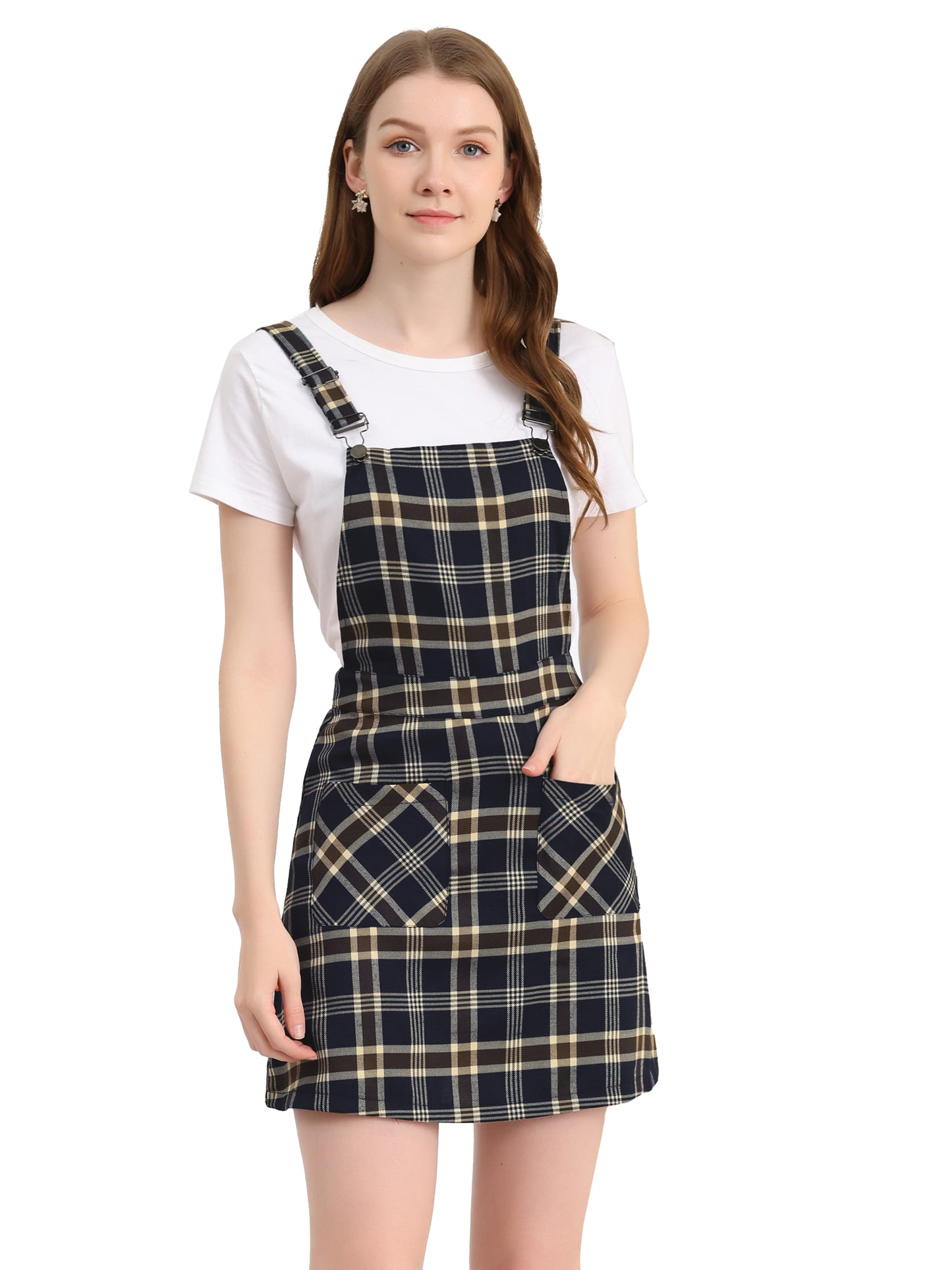 Women's Adjustable Strap Above Knee Plaid Printed Overall Dress Suspender Skirt