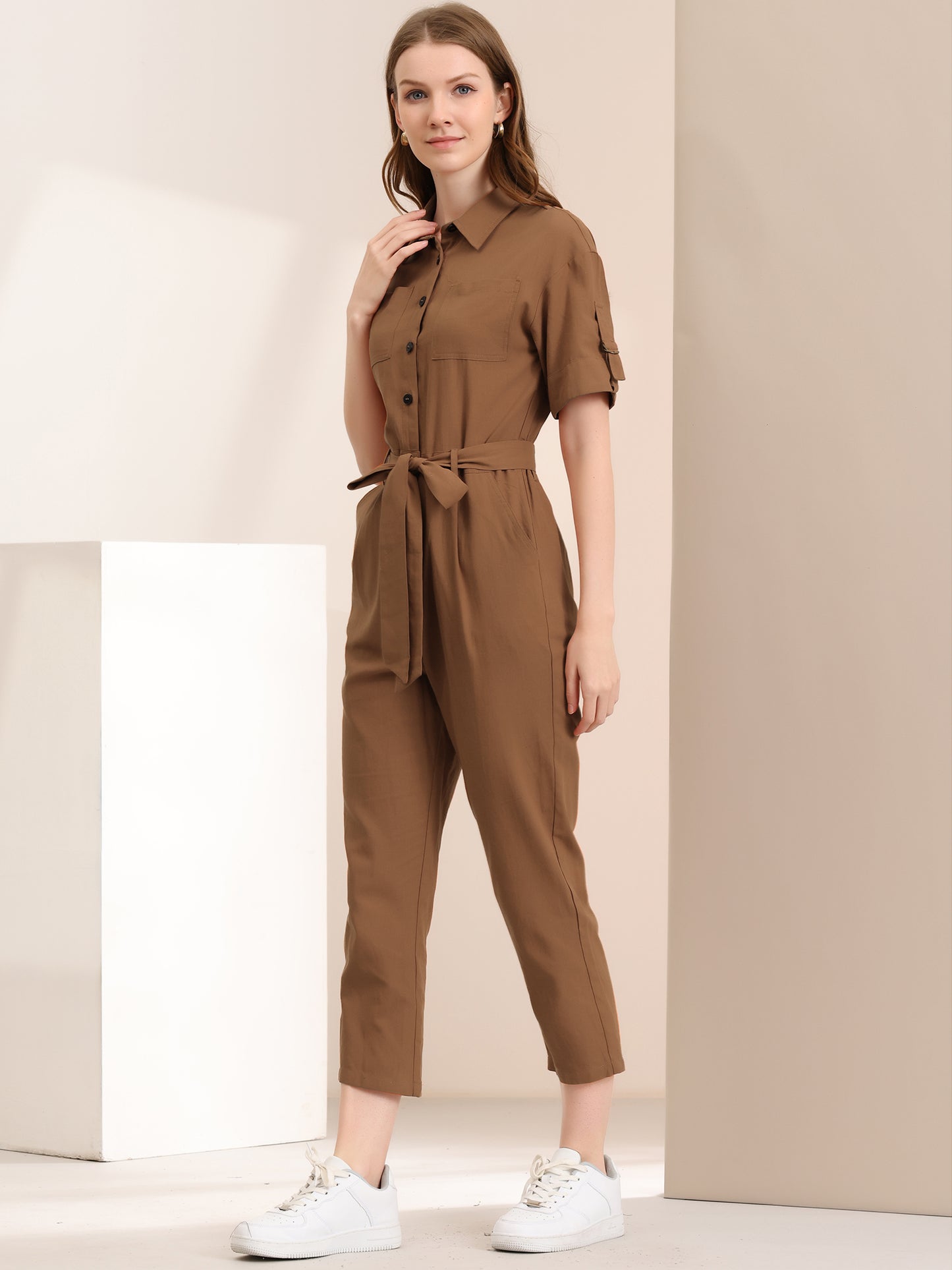 Women's Short Sleeve Collared Cropped Coverall Button Down Tie Waist Cotton Cargo Jumpsuit
