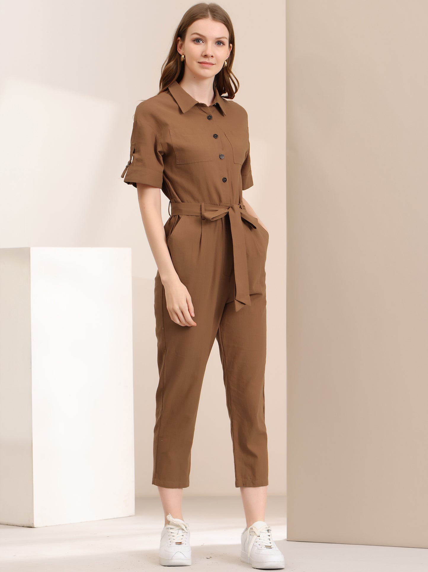 Women's Short Sleeve Collared Cropped Coverall Button Down Tie Waist Cotton Cargo Jumpsuit