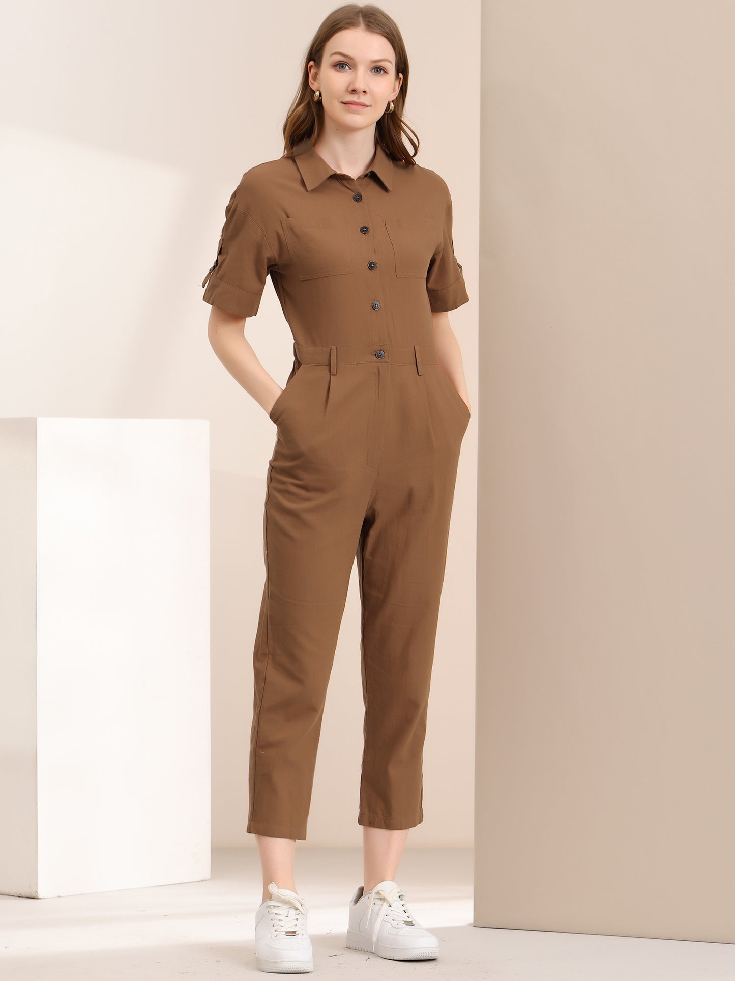 Women's Short Sleeve Collared Cropped Coverall Button Down Tie Waist Cotton Cargo Jumpsuit