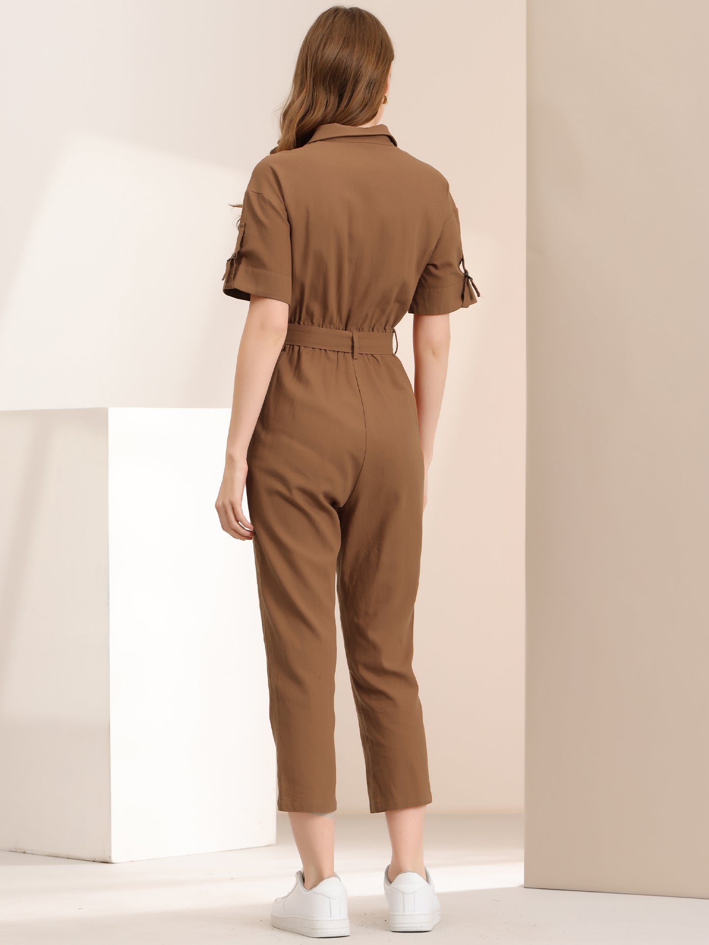 Women's Short Sleeve Collared Cropped Coverall Button Down Tie Waist Cotton Cargo Jumpsuit
