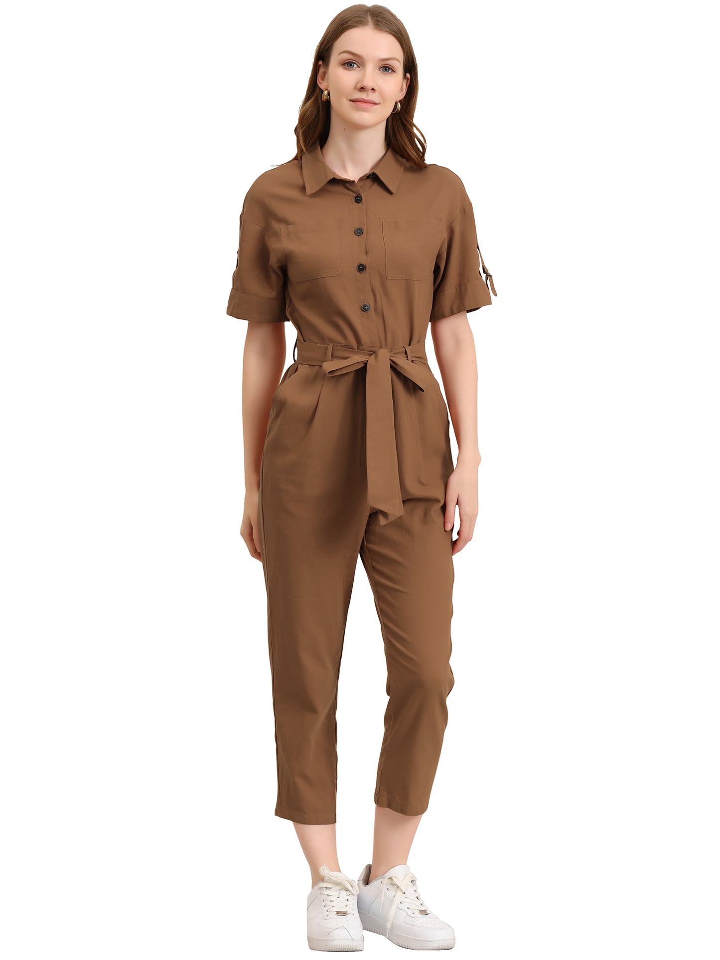 Women's Short Sleeve Collared Cropped Coverall Button Down Tie Waist Cotton Cargo Jumpsuit