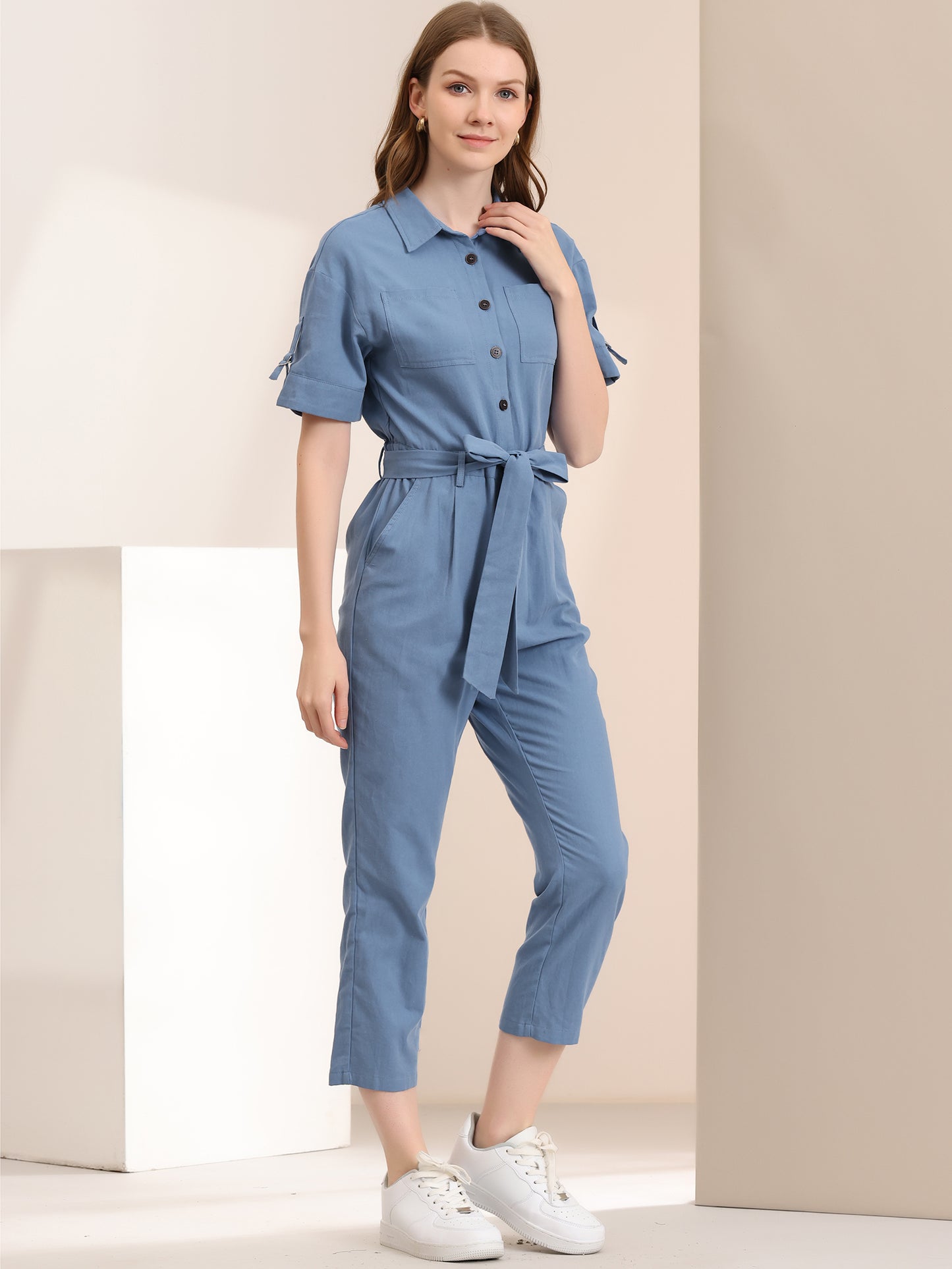Women's Short Sleeve Collared Cropped Coverall Button Down Tie Waist Cotton Cargo Jumpsuit