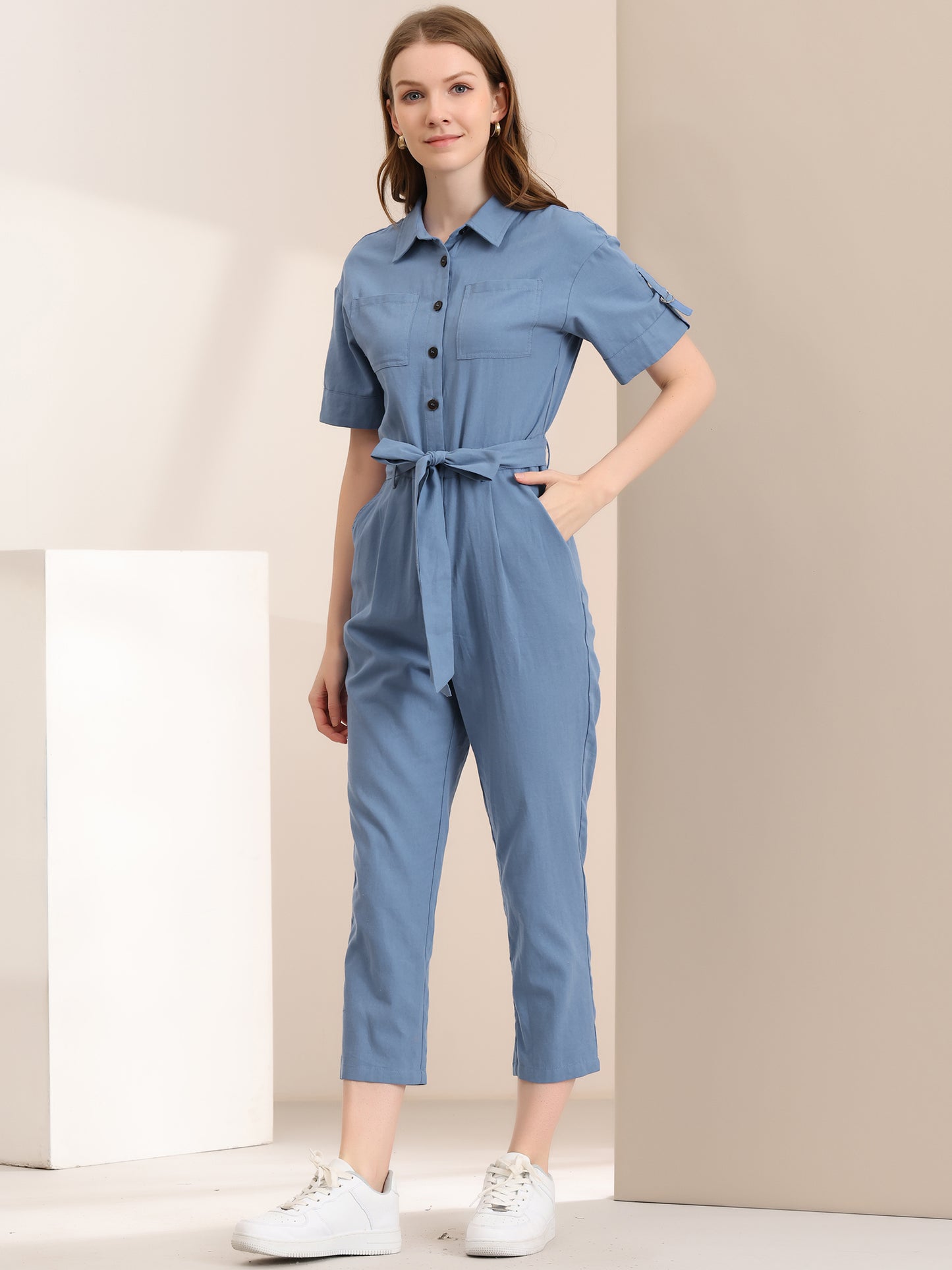 Women's Short Sleeve Collared Cropped Coverall Button Down Tie Waist Cotton Cargo Jumpsuit