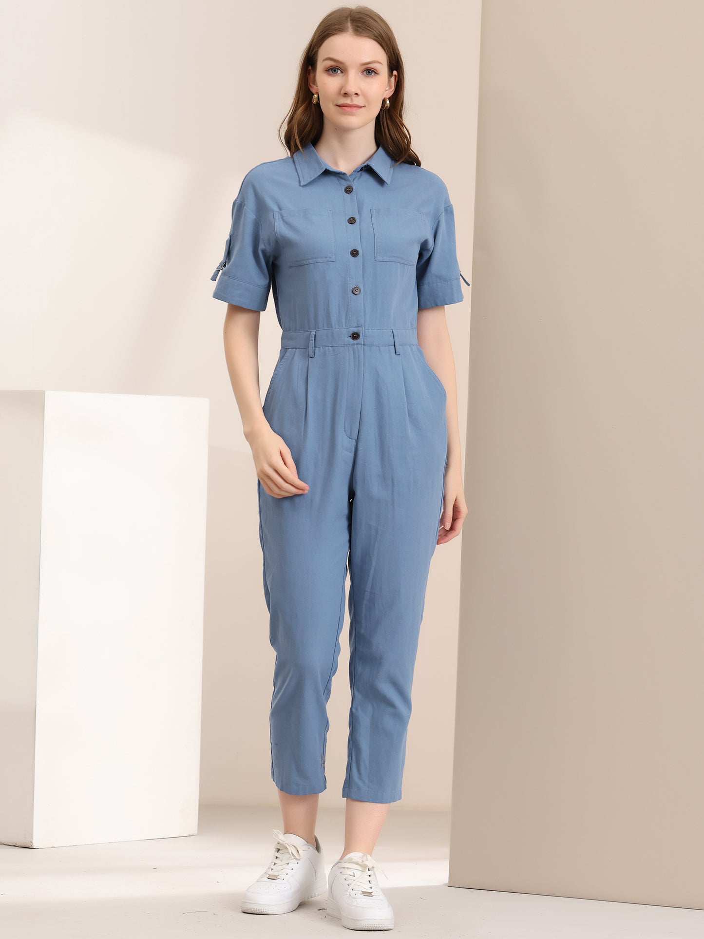 Women's Short Sleeve Collared Cropped Coverall Button Down Tie Waist Cotton Cargo Jumpsuit