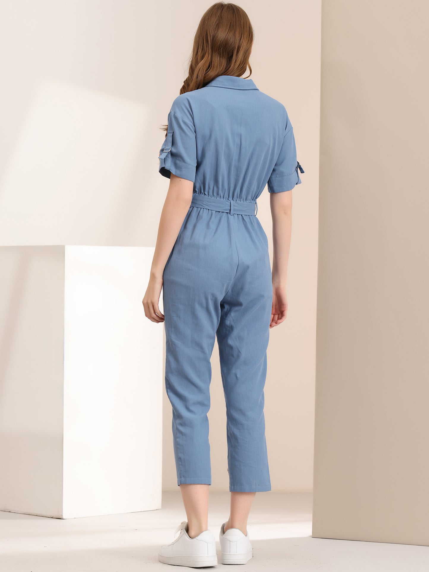 Women's Short Sleeve Collared Cropped Coverall Button Down Tie Waist Cotton Cargo Jumpsuit