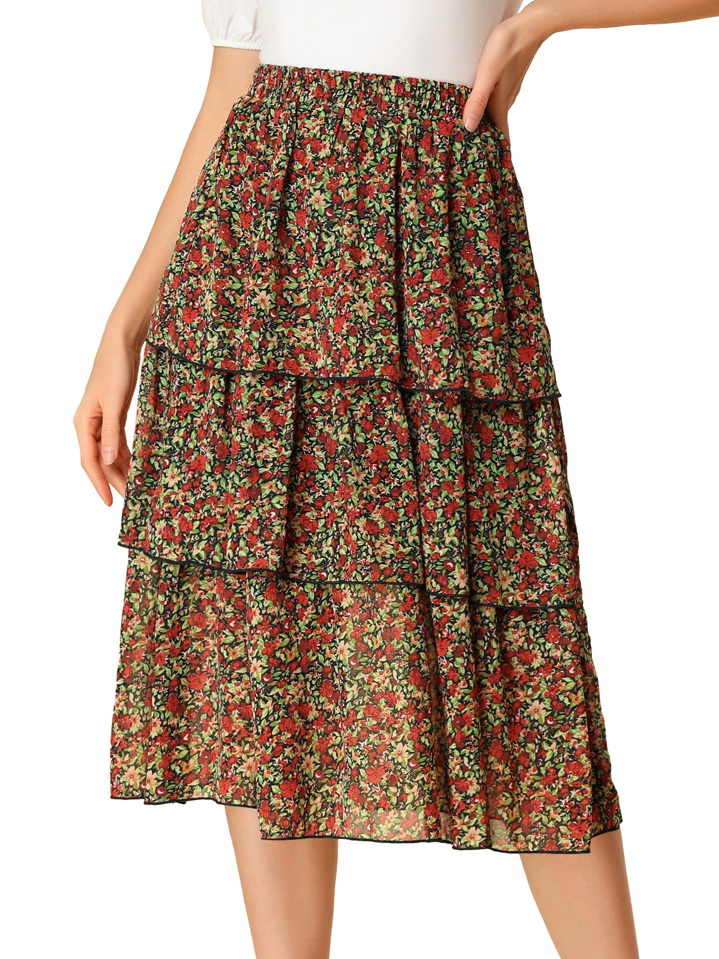 Women's Floral Skirt Ruffle Hem High Waist Layered Midi Skirt