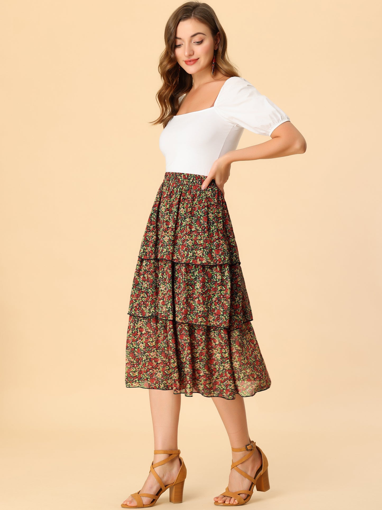 Women's Floral Skirt Ruffle Hem High Waist Layered Midi Skirt