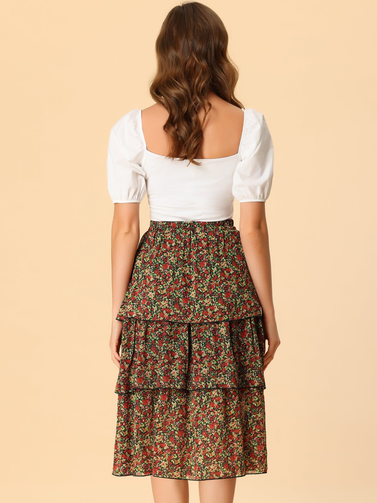 Women's Floral Skirt Ruffle Hem High Waist Layered Midi Skirt