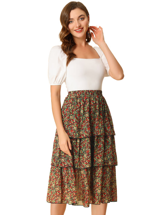 Women's Floral Skirt Ruffle Hem High Waist Layered Midi Skirt