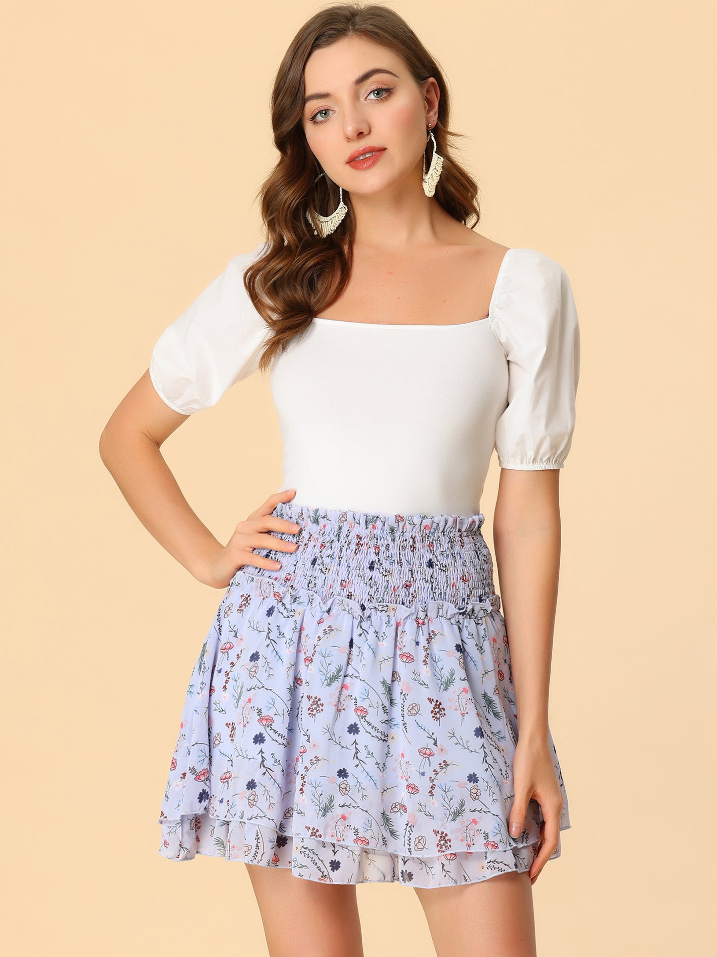 Falda mini de gasa con vuelo, fruncida, floral y con capas en forma de A para mujer
