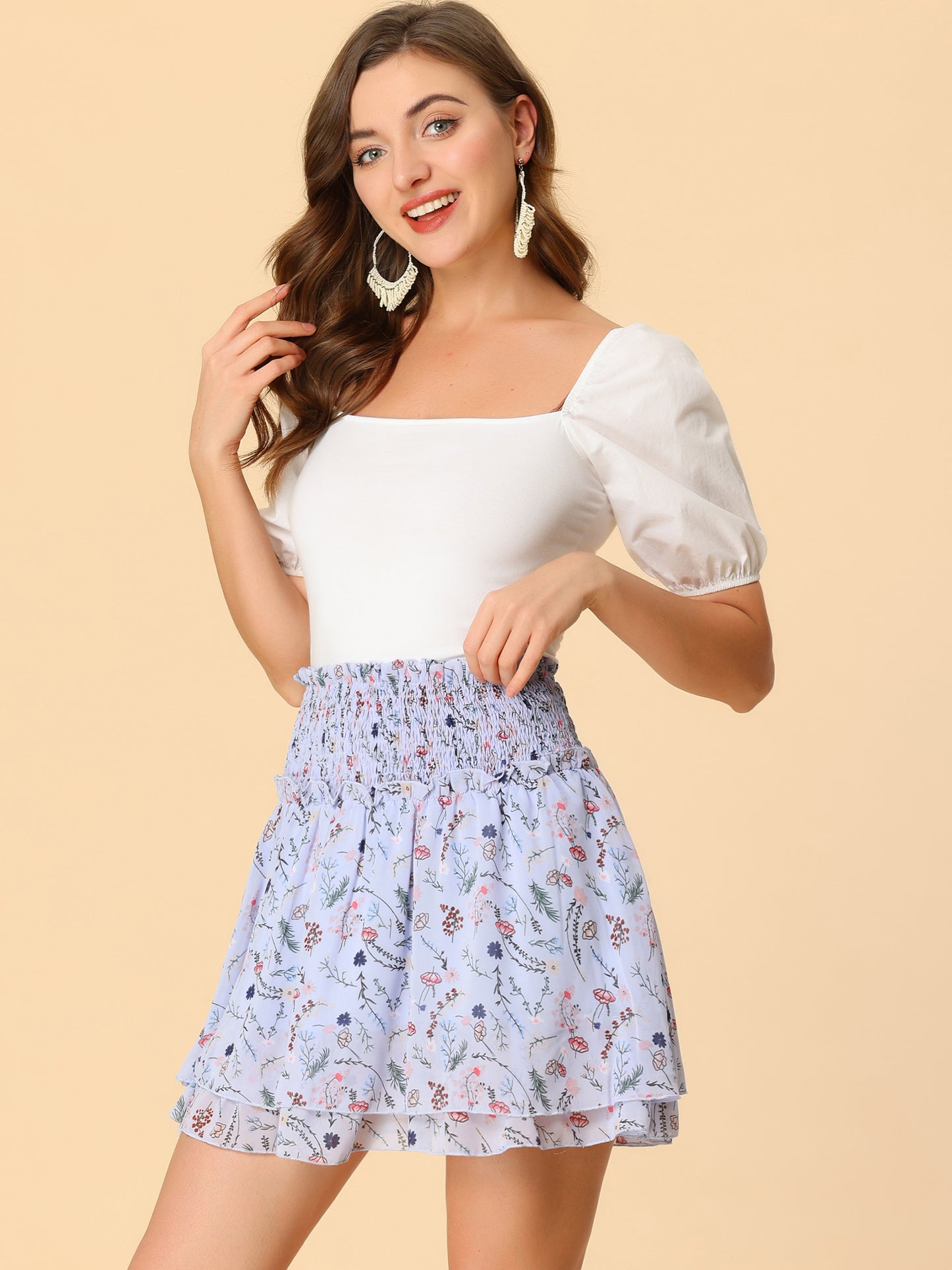 Falda mini de gasa con vuelo, fruncida, floral y con capas en forma de A para mujer