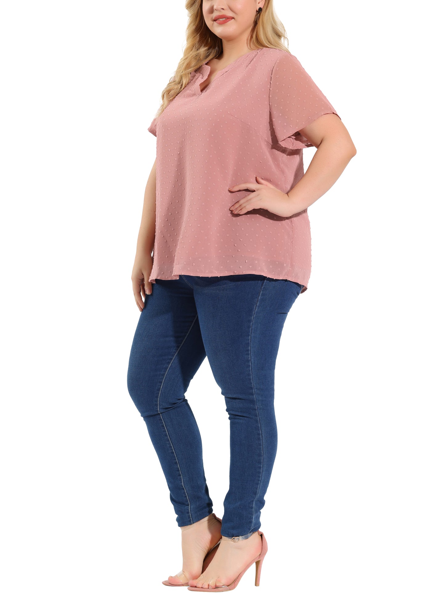 Women Plus Size Summer Top Swiss Dots Notched Neck Short Sleeve Blouse