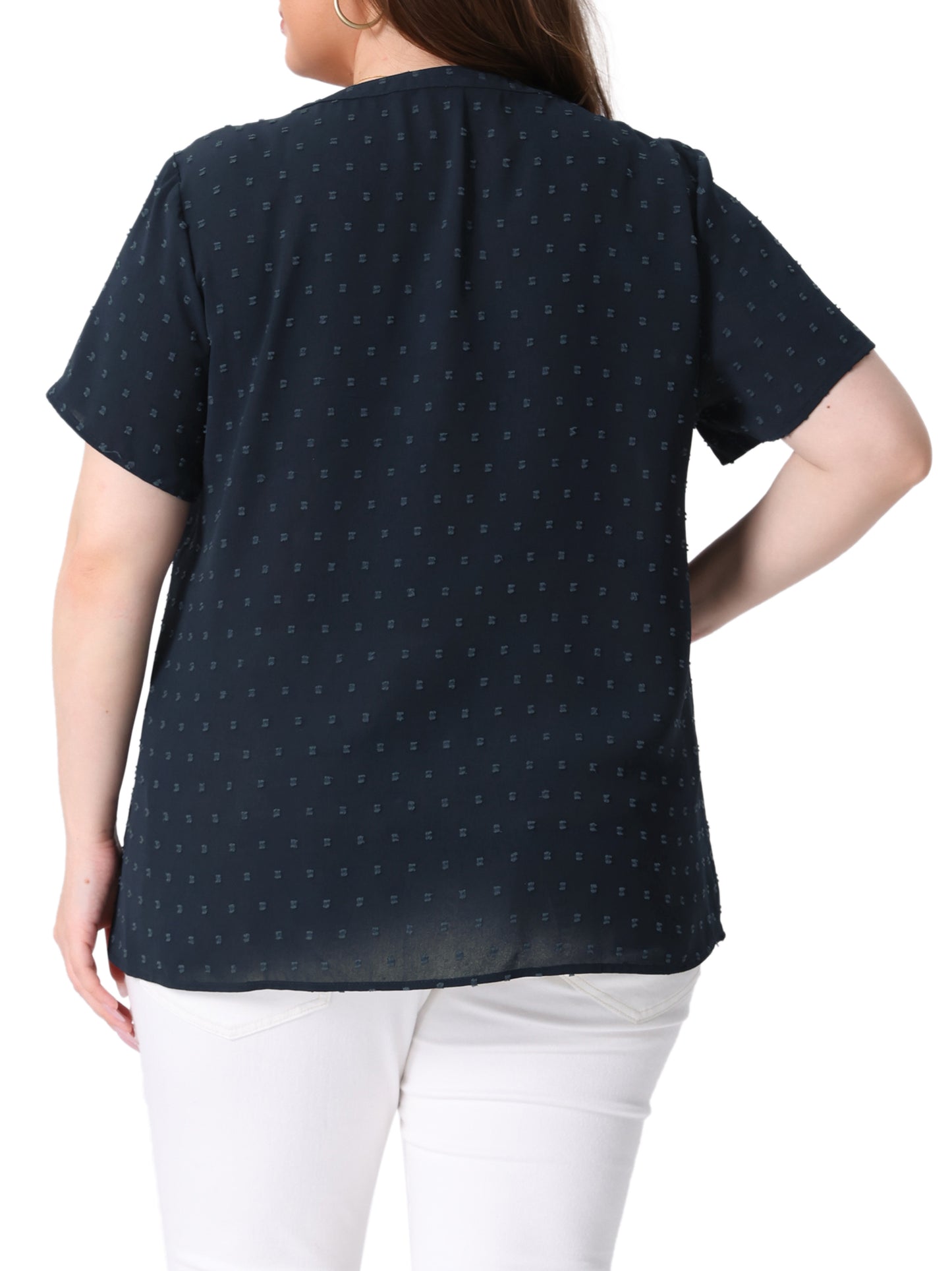 Women Plus Size Summer Top Swiss Dots Notched Neck Short Sleeve Blouse