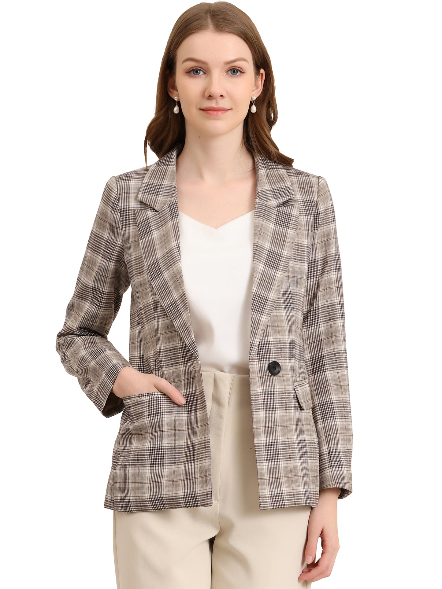 Women's Notched Lapel One Button Plaid Blazer Suit Jacket