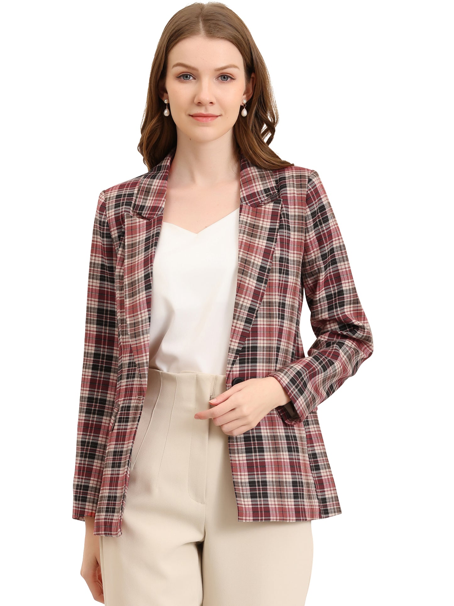 Women's Notched Lapel One Button Plaid Blazer Suit Jacket