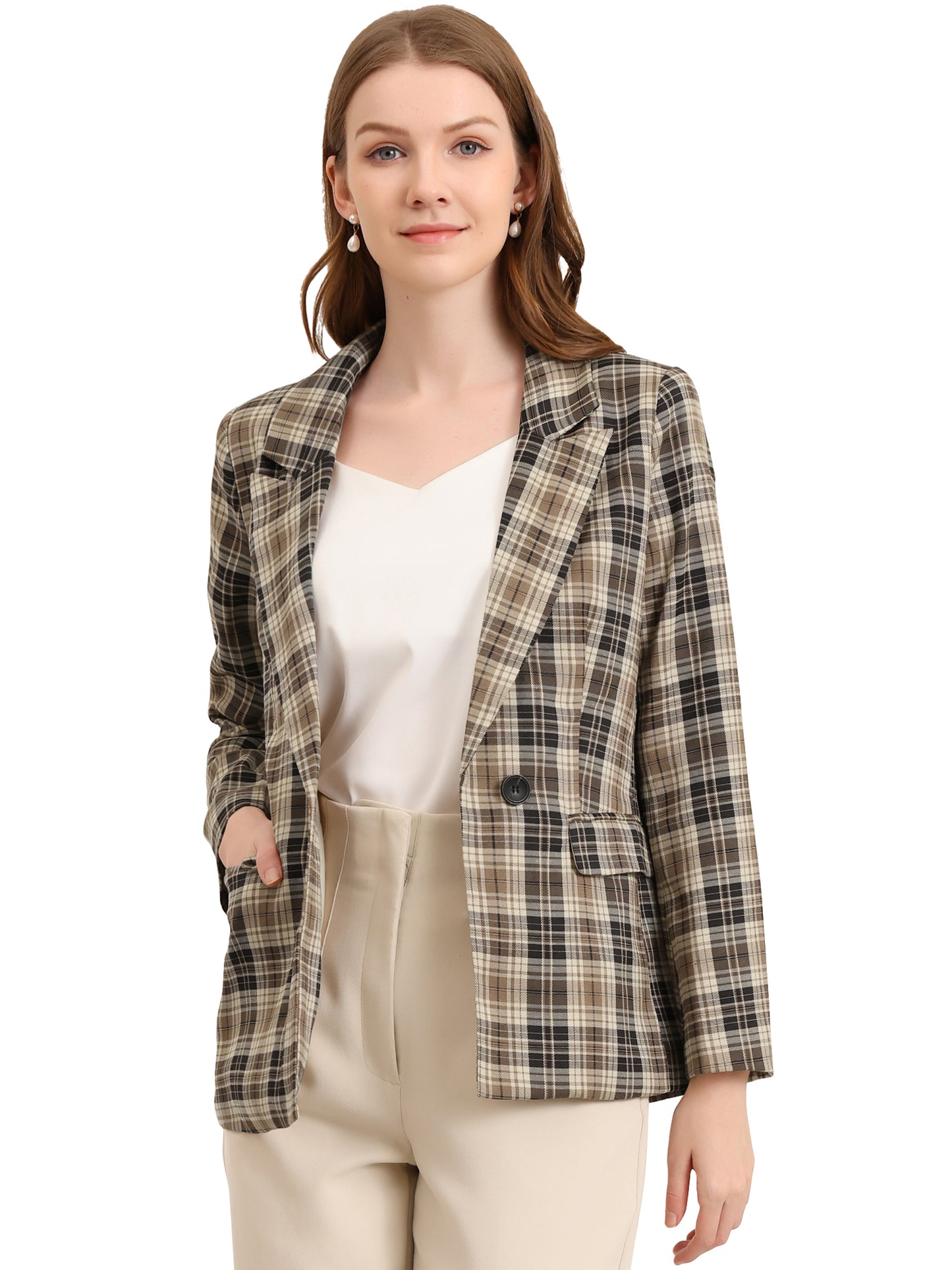 Women's Notched Lapel One Button Plaid Blazer Suit Jacket