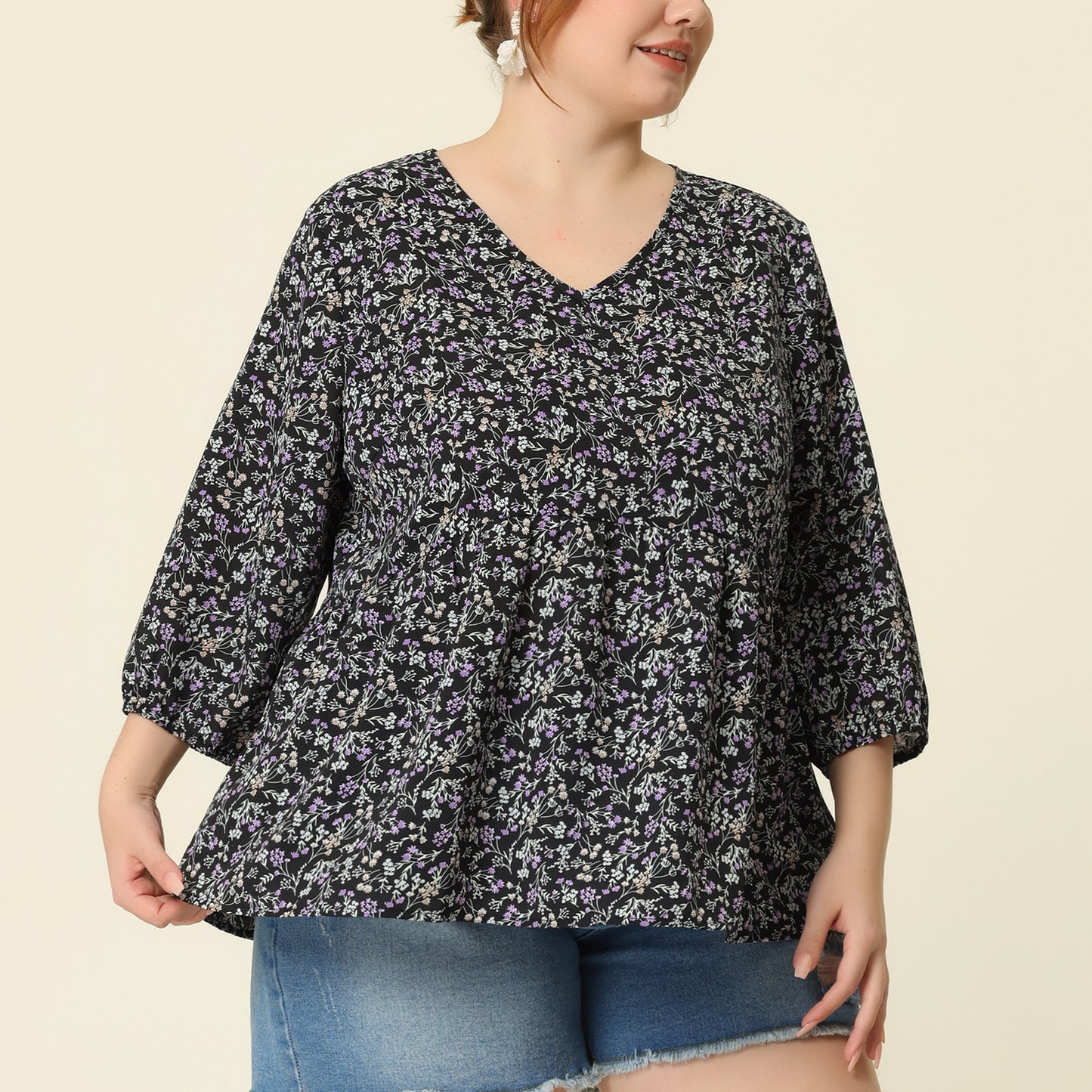 Women's Plus Size Top V Neck Babydoll Flowy 3/4 Lantern Sleeve Floral Blouse