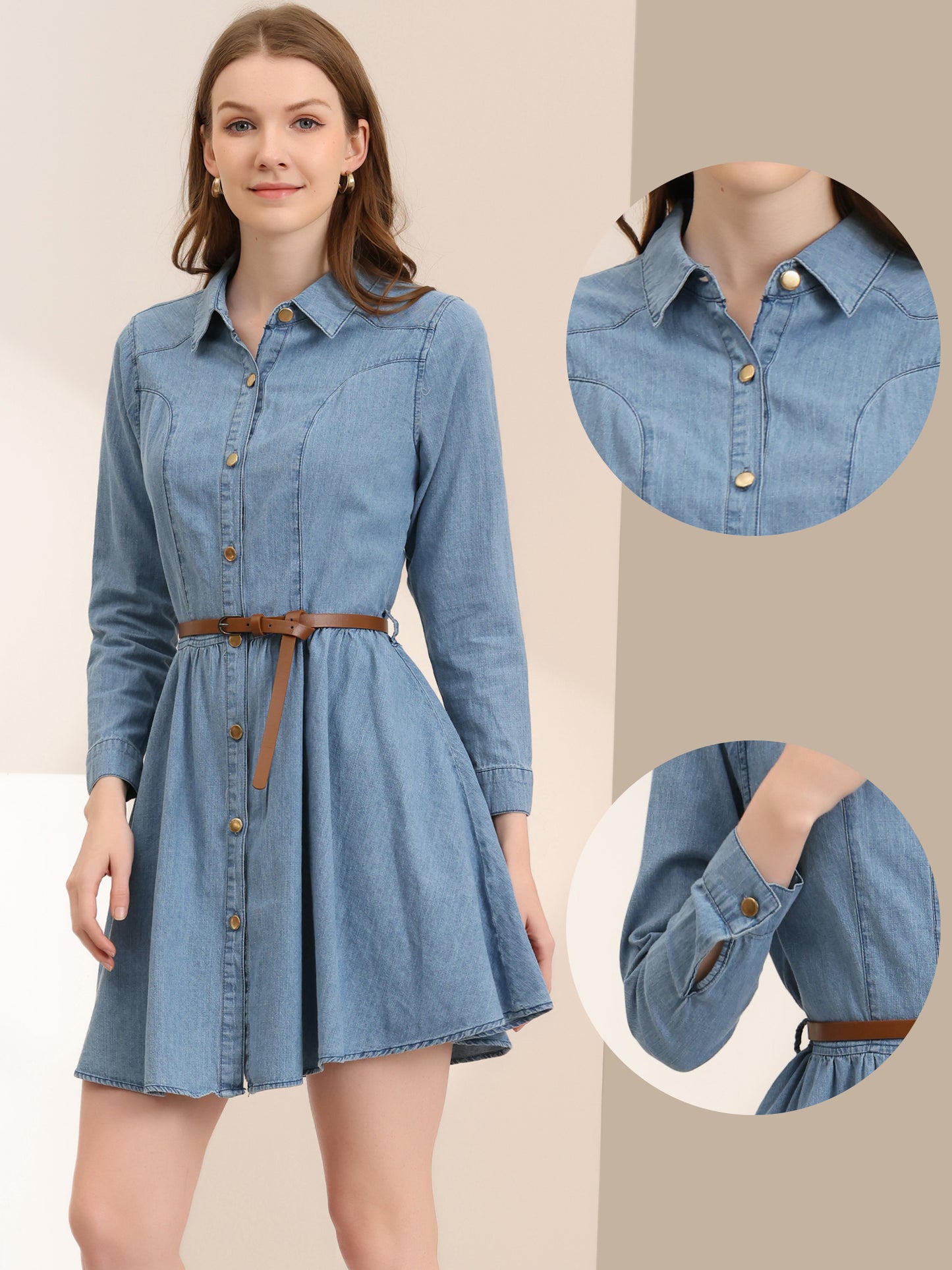 Women's Button Down Belted Pleated Flare A-Line Denim Shirt Dress