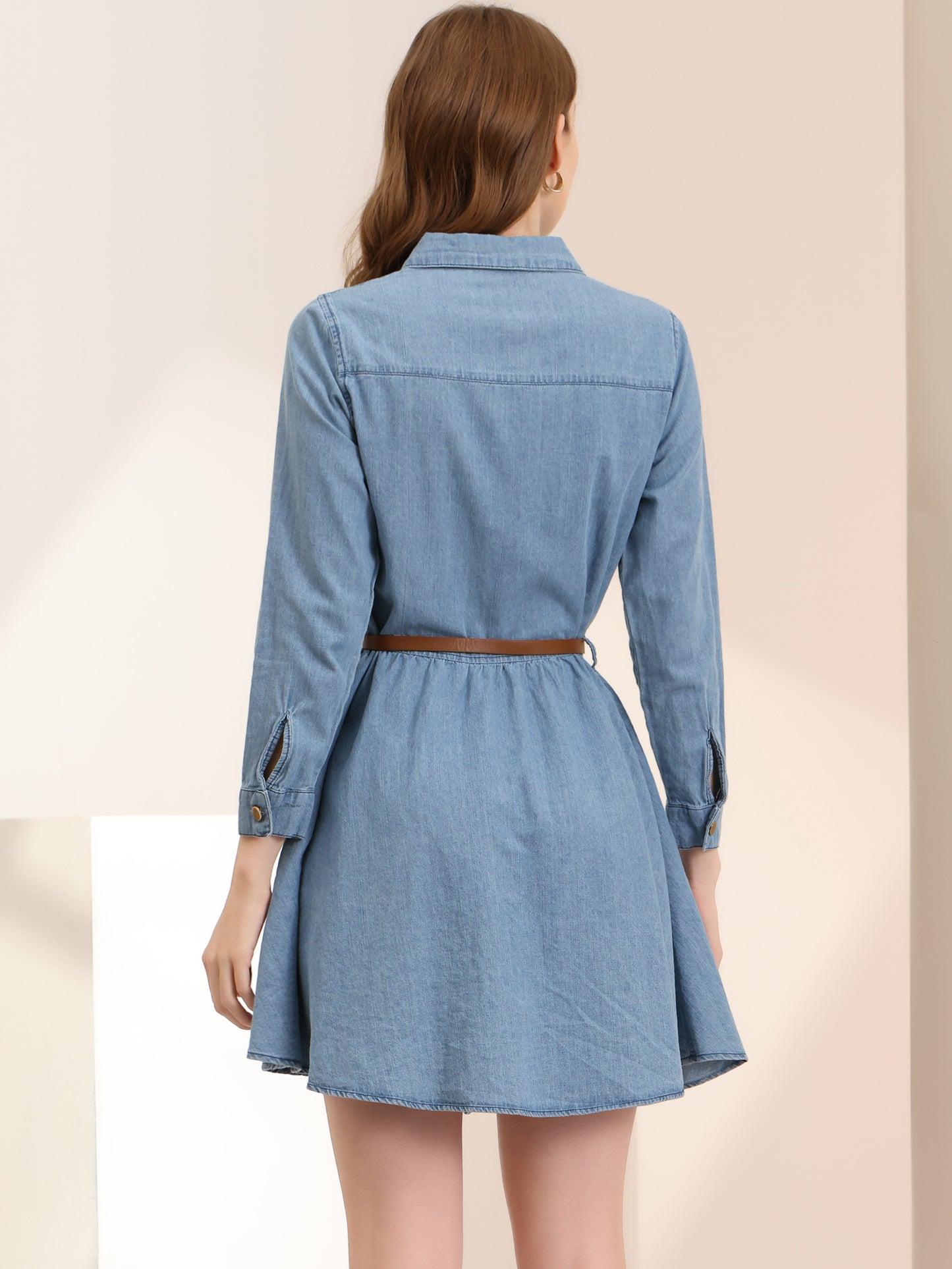Women's Button Down Belted Pleated Flare A-Line Denim Shirt Dress