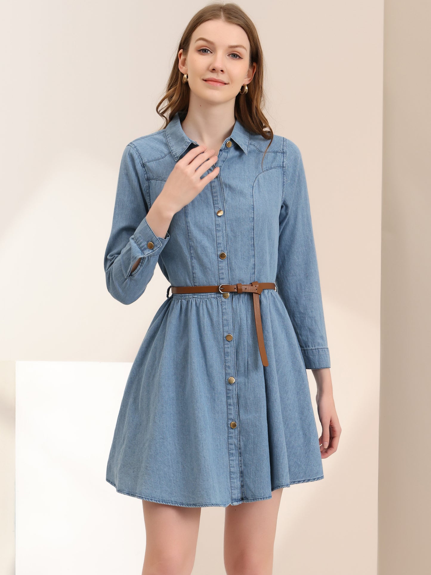 Women's Button Down Belted Pleated Flare A-Line Denim Shirt Dress