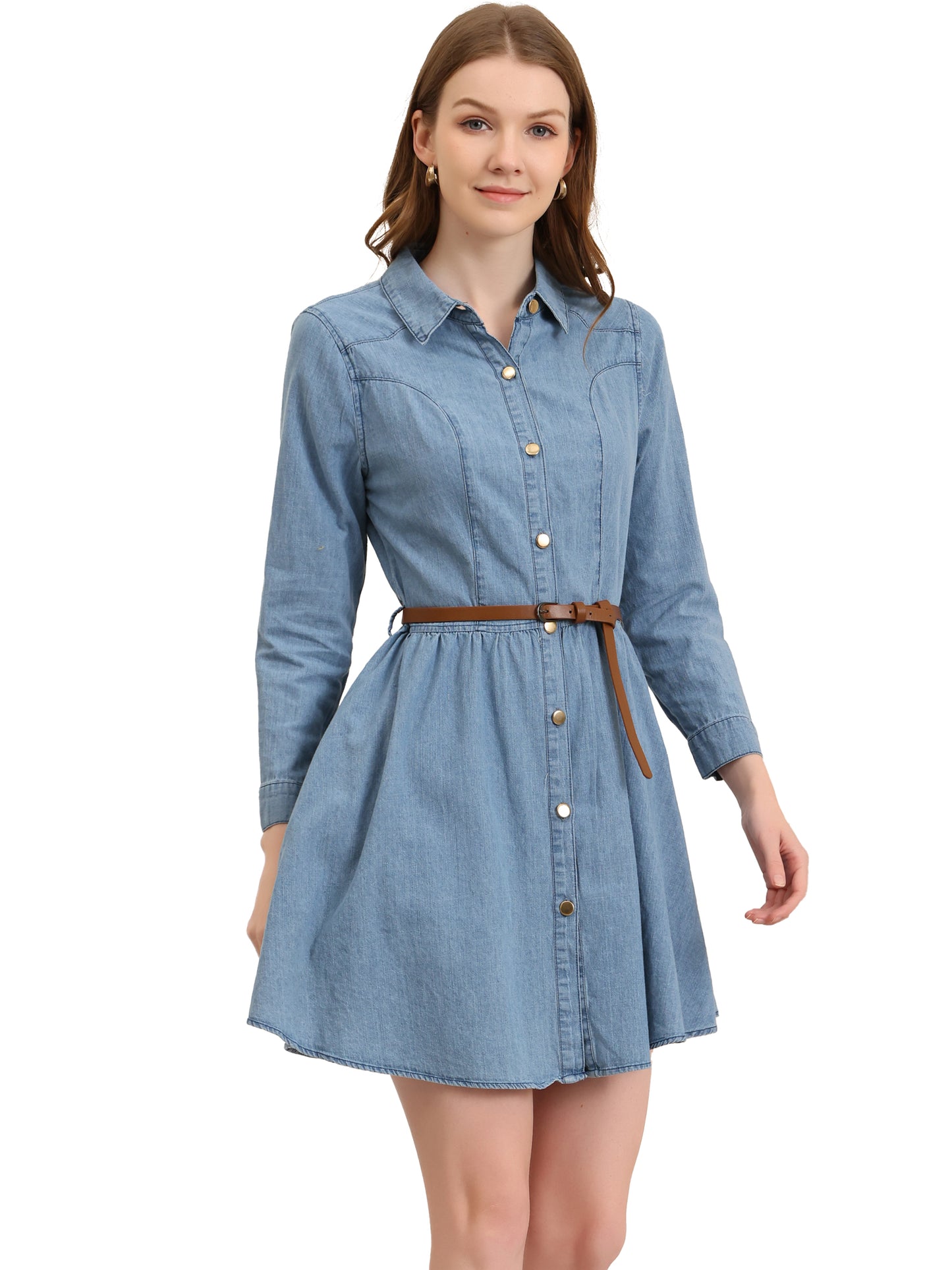 Women's Button Down Belted Pleated Flare A-Line Denim Shirt Dress