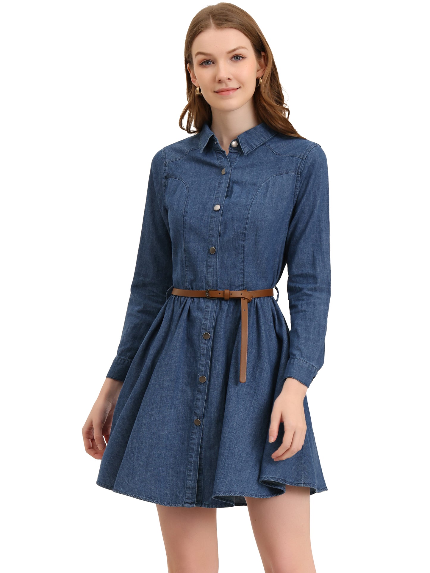 Women's Button Down Belted Pleated Flare A-Line Denim Shirt Dress