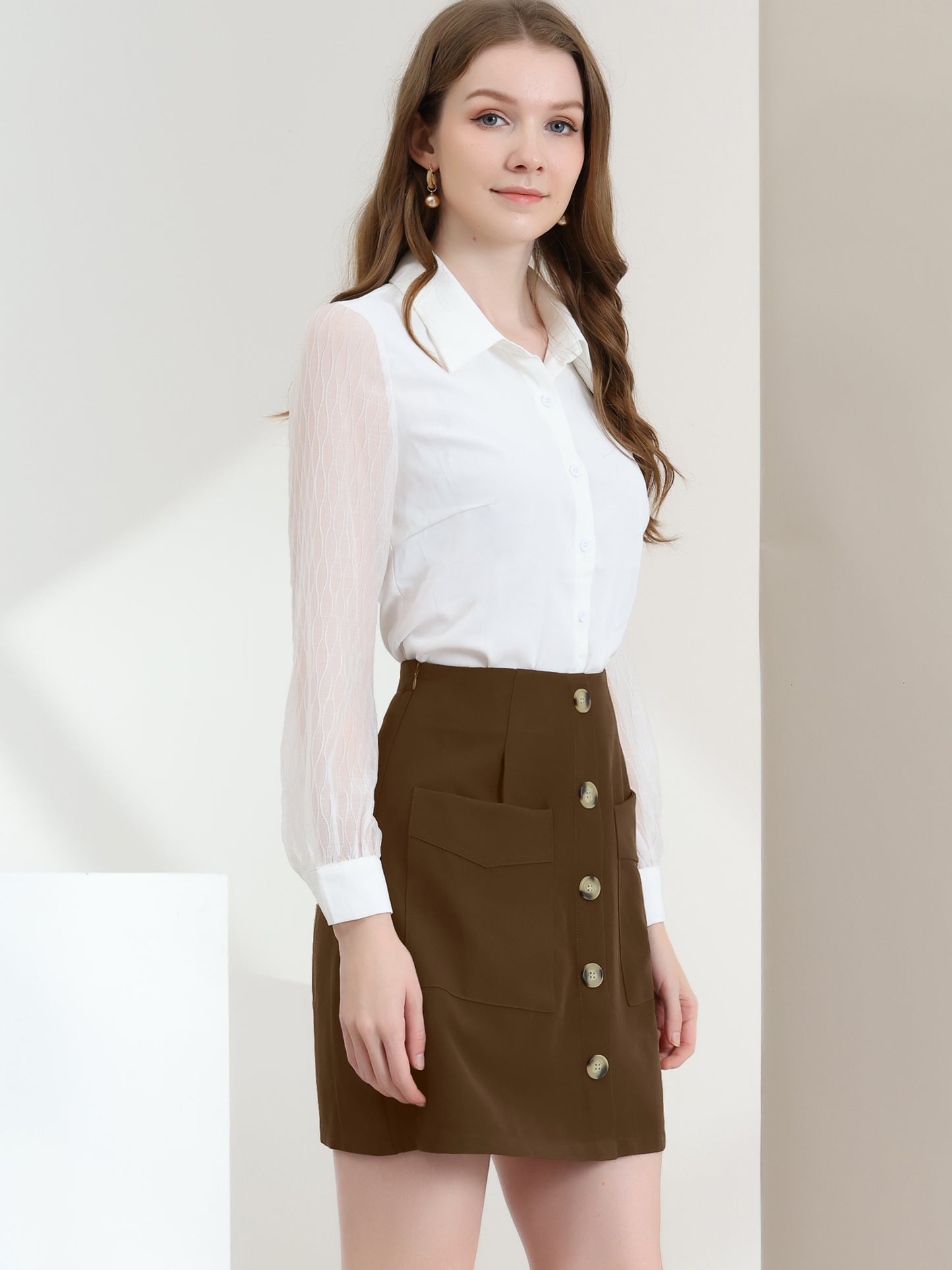 Falda corta de cintura alta con botones para oficina y trabajo para mujer