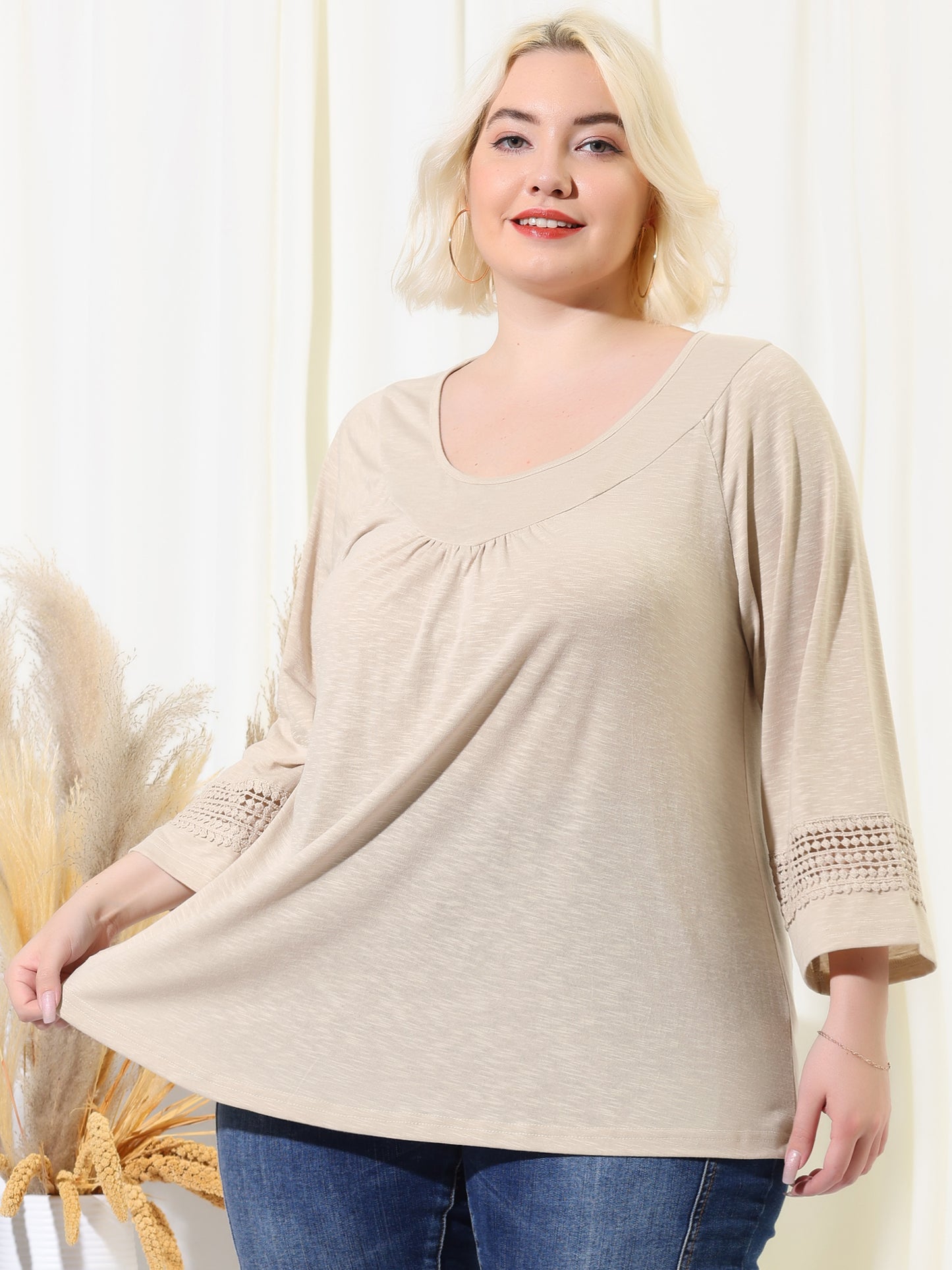Women's Plus Size Tops Long Sleeve Crochet Panel Hollow Out Pleated Tunics Blouse