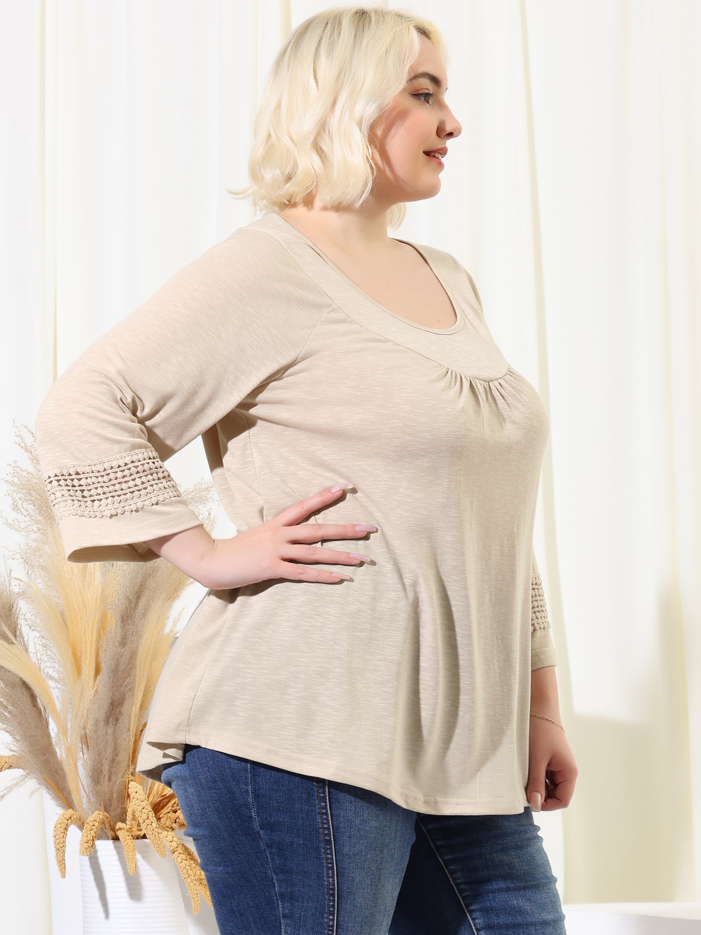 Women's Plus Size Tops Long Sleeve Crochet Panel Hollow Out Pleated Tunics Blouse