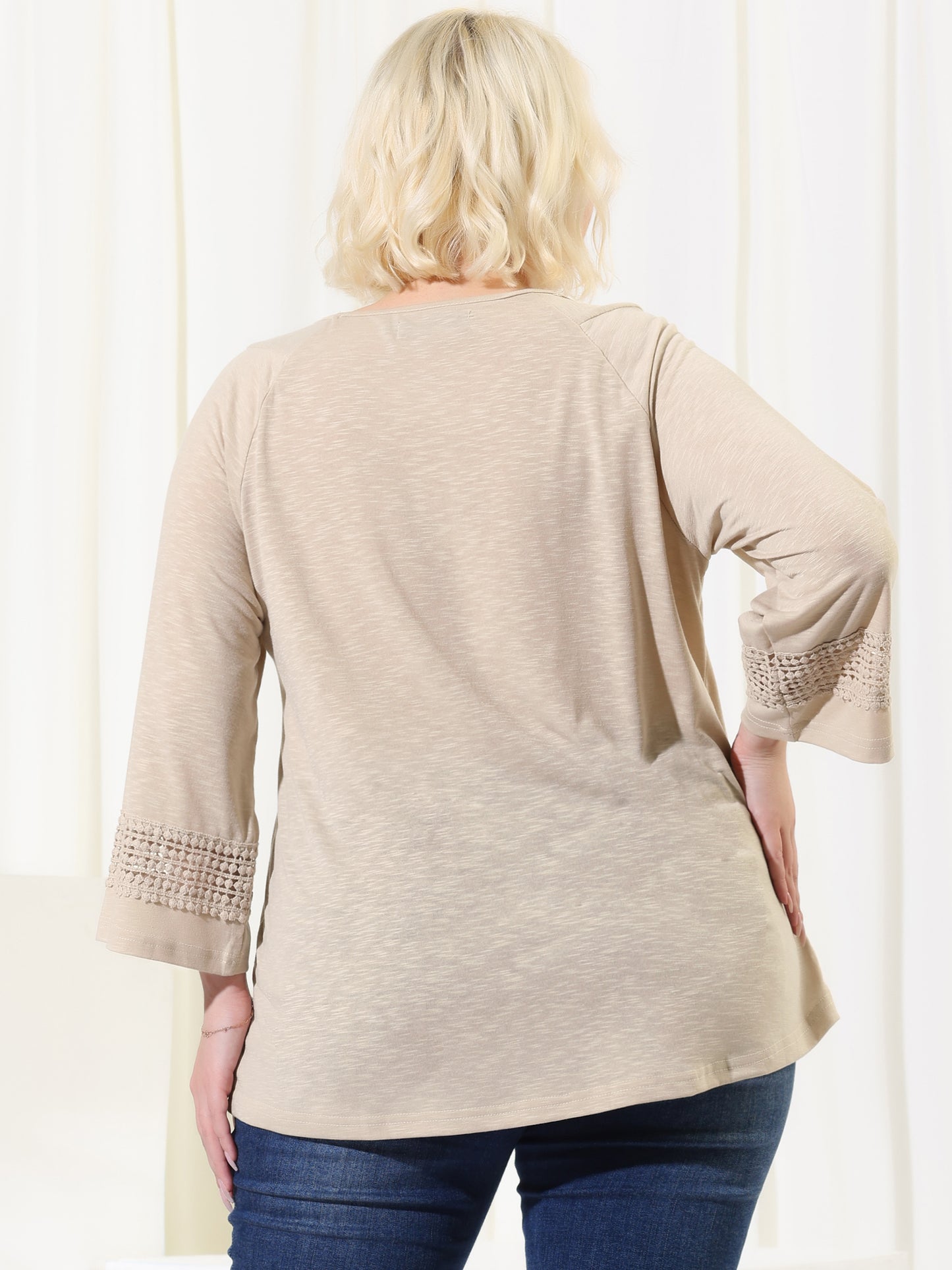 Women's Plus Size Tops Long Sleeve Crochet Panel Hollow Out Pleated Tunics Blouse